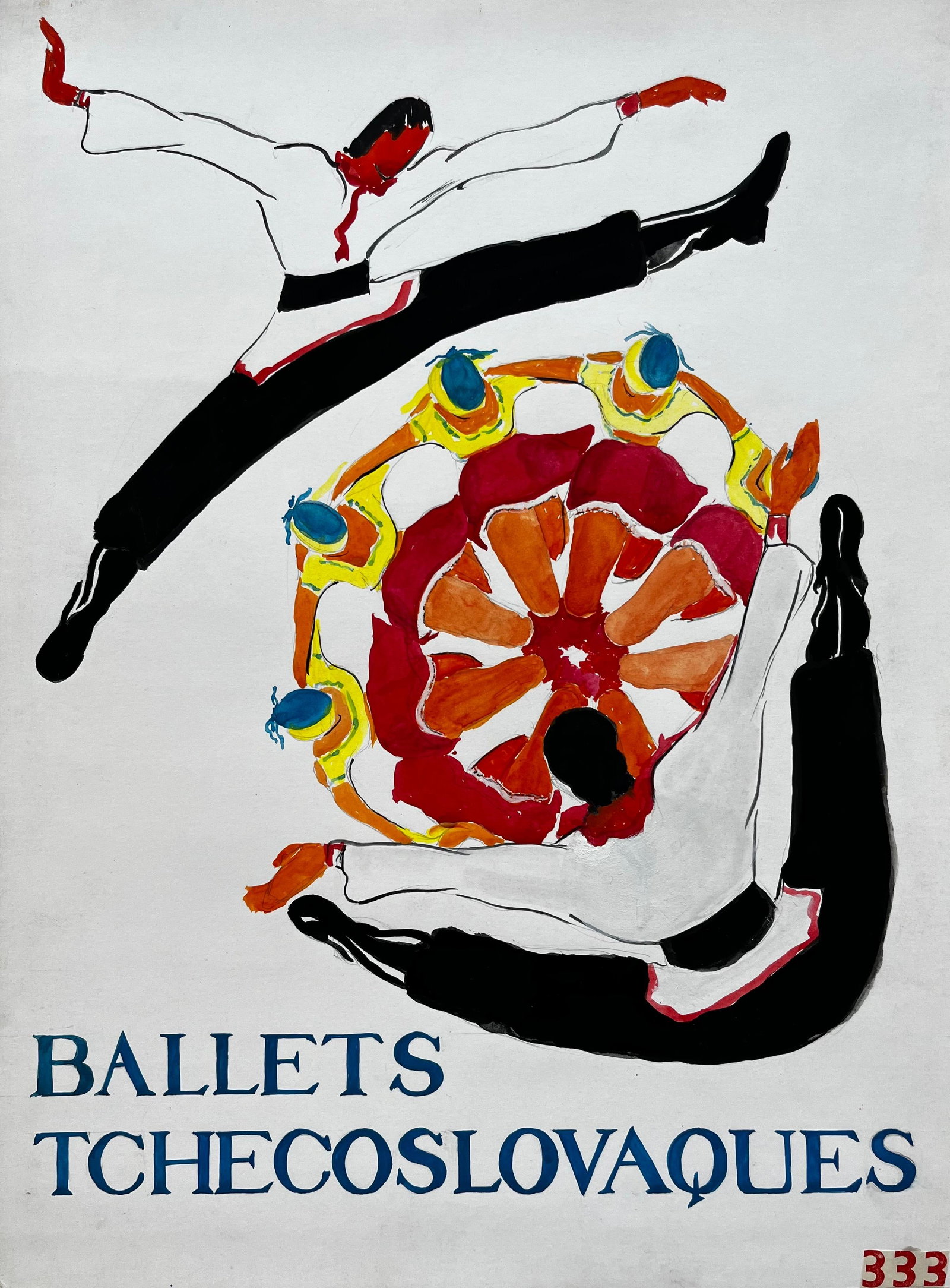 Czechoslovak Ballet Dancers French Modernist Poster Style Dance Painting: Title: Czechoslovak Ballet Dancers French Modernist Poster Style Dance Painting Guy Nicod (French 1923 - 2021) Gouache on artist paper, unframed Size: 15.75 x 11.75 inches (height x width) Provenance: