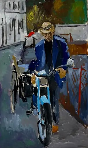French Modernist Portrait of a Man with Blue Motorcycle Street Scene: Title: French Modernist Portrait of a Man with Blue Motorcycle Street SceneGuy Nicod (French 1923 - 2021)Gouache on artist paper, unframedSize: 23 x 19 inches (height x width)Provenance: Artists estat