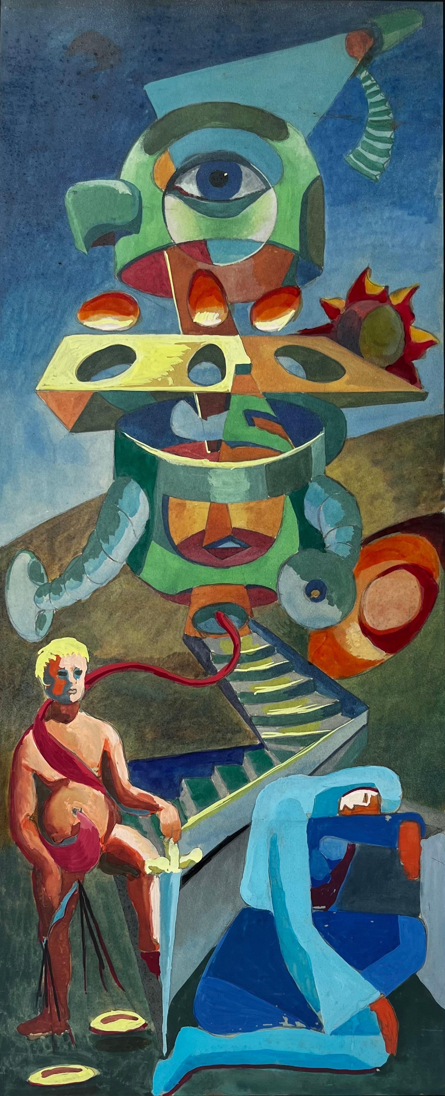 Surrealist Composition with Figures and Geometric Forms French Modern Gouache: Title: Surrealist Composition with Figures and Geometric Forms French Modern Gouache Guy Nicod (French 1923 - 2021) Gouache on artist paper, unframed Size: 21.5 x 9.75 inches (height x width) Provenan