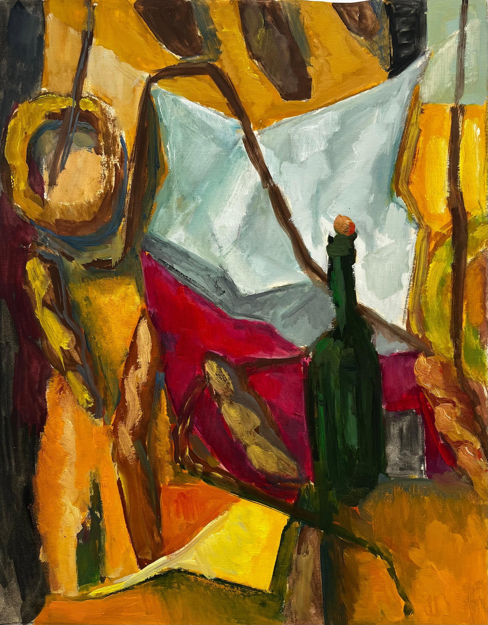 Green Bottle Abstract Draped Fabrics Bold Colour Modernist Still Life French Art: Title: Green Bottle Abstract Draped Fabrics Bold Colour Modernist Still Life French Art Guy Nicod (French 1923 - 2021) Gouache on artist paper, unframed Size: 19 x 15 inches (height x width) Provenanc