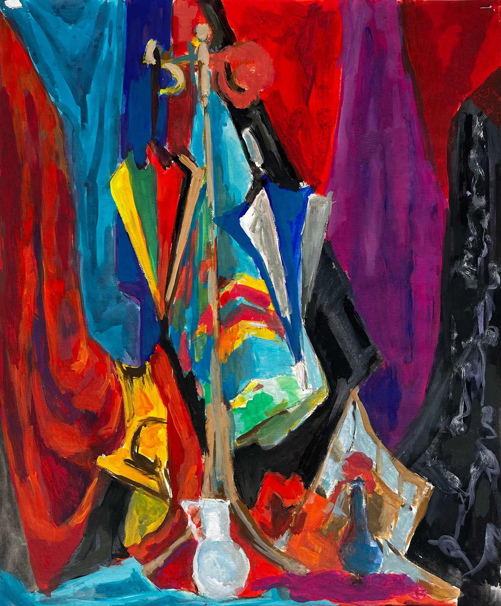Hat Stand with Colourful Umbrellas Draped Fabrics and Jugs Modernist Still Life: Title: Hat Stand with Colourful Umbrellas Draped Fabrics and Jugs Modernist Still Life Guy Nicod (French 1923 - 2021) Gouache on artist paper, unframed Size: 20.5 x 16.25 inches (height x width) Prove