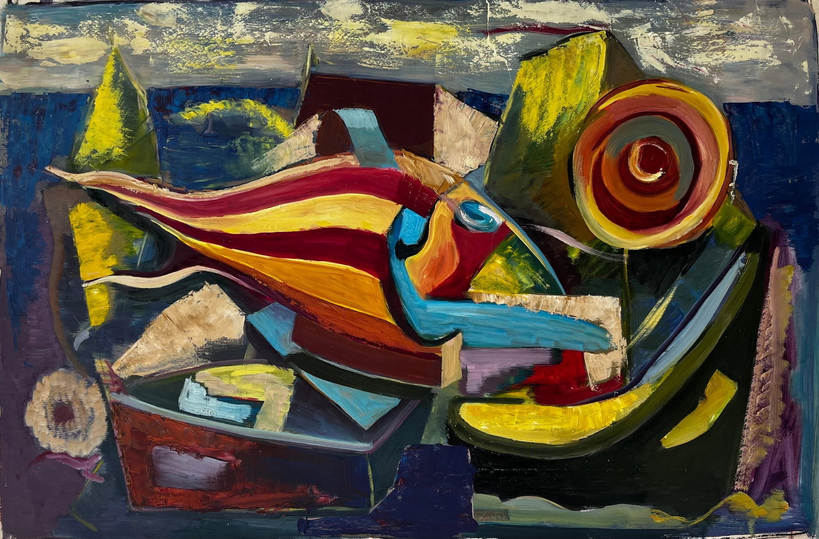 Abstract surrealist seascape with vibrant geometric forms French modernist oil (1 of 9)