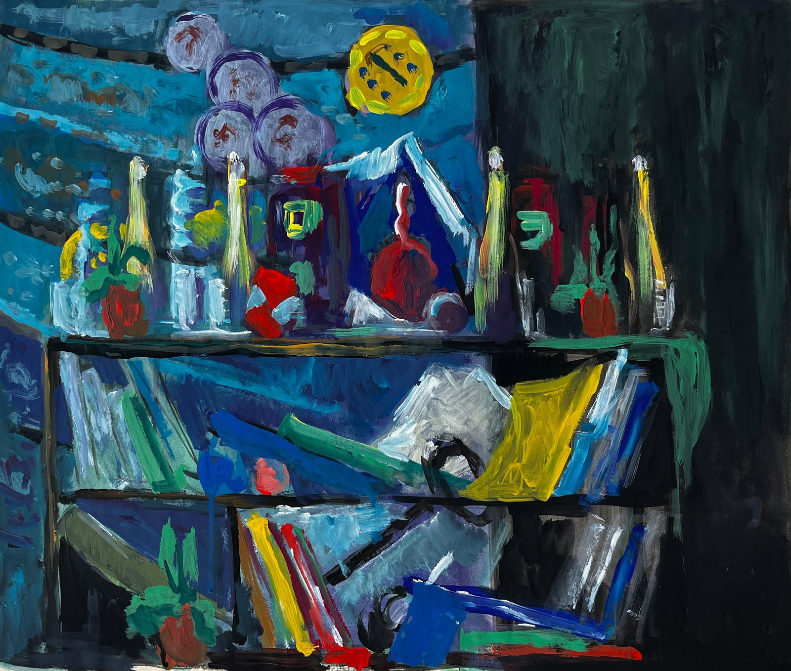 Still Life with Books Bottles and Yellow Cloth French Modernist Gouache: Title: Still Life with Books Bottles and Yellow Cloth French Modernist Gouache Guy Nicod (French 1923 - 2021) Gouache on artist paper, unframed Size: 18.75 x 22.5 inches (height x width) Provenance: A