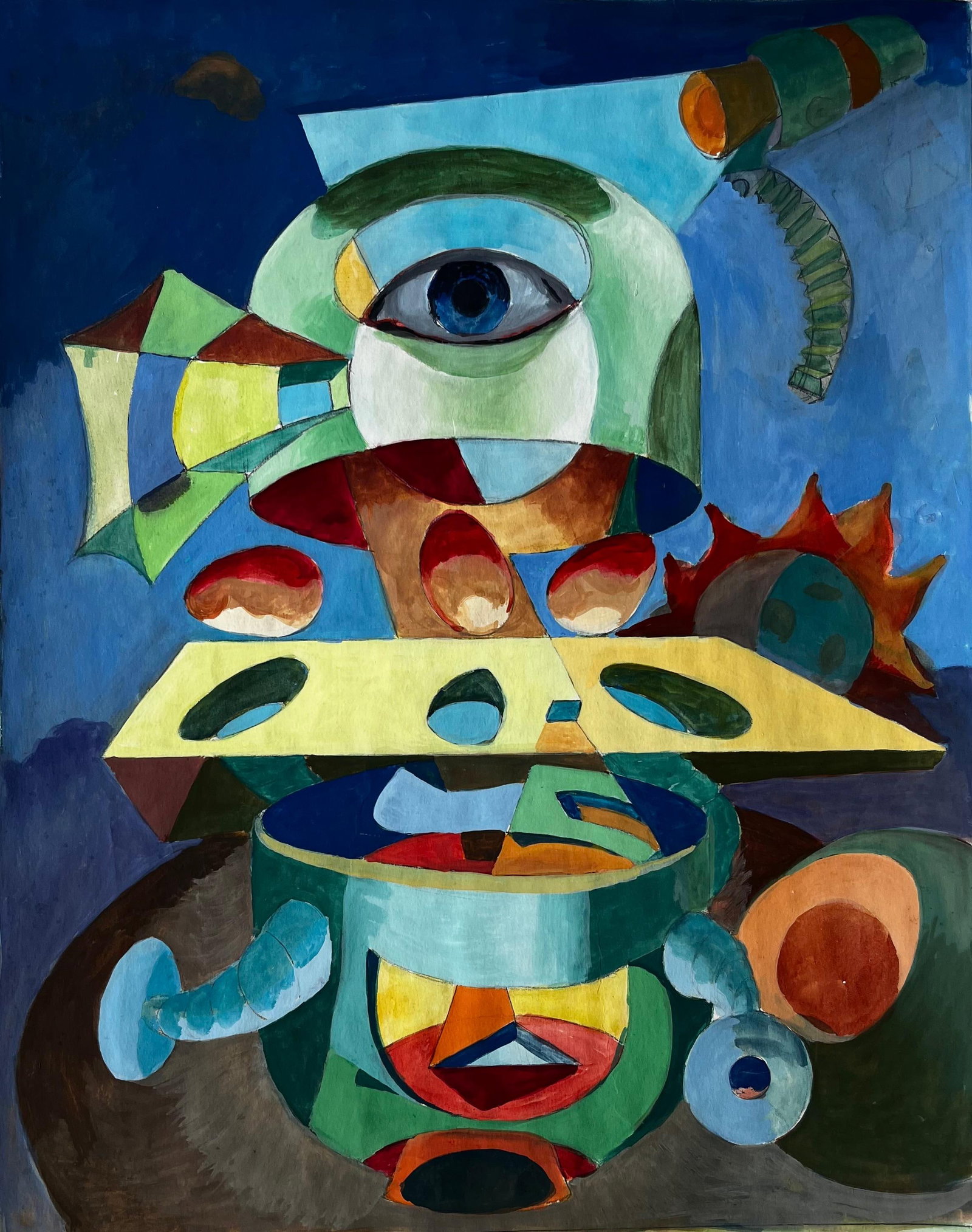 Surreal Abstract Composition with Central Eye and Geometric Forms French Gouache (1 of 9)