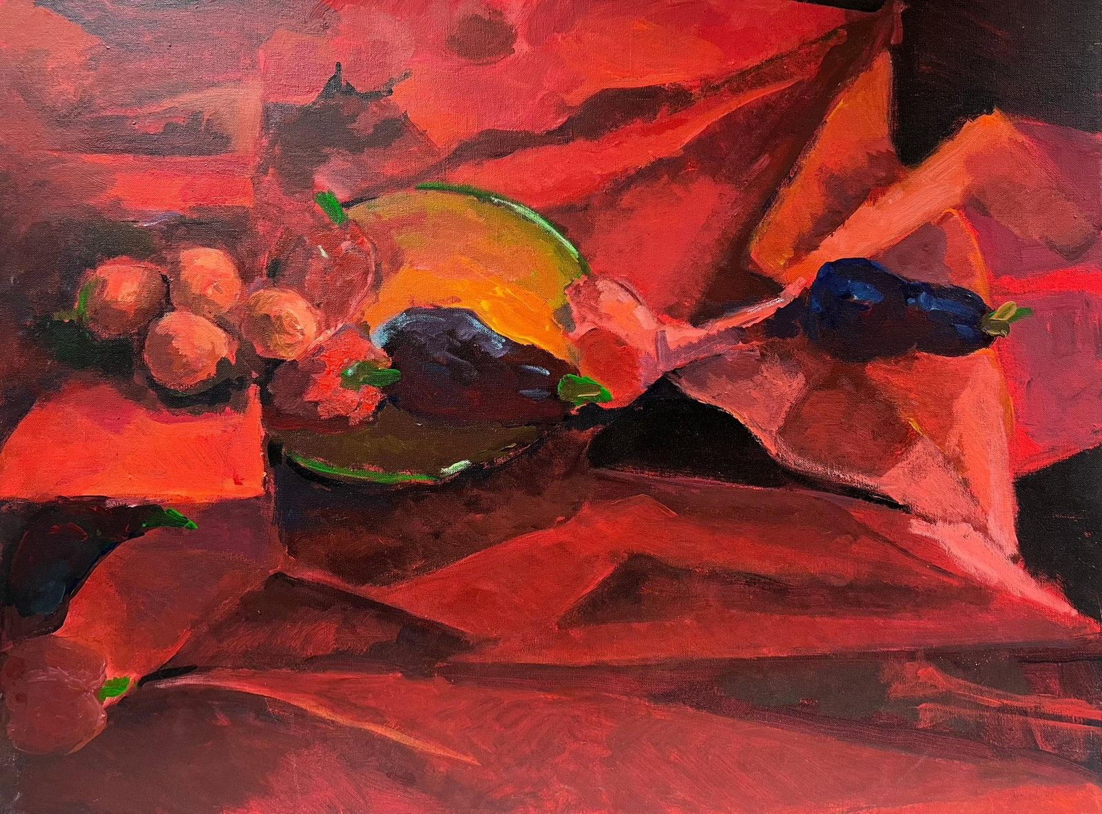 Fruit Aubergines in Blush Pink Still Life French 20th Century Oil Painting: Pink Fruit Still Life Guy Nicod (French 1923 - 2021) oil on canvas, unframed stamped verso painting: 24 x 32 inches provenance: artists estate, France condition: very good and sound condition Descript