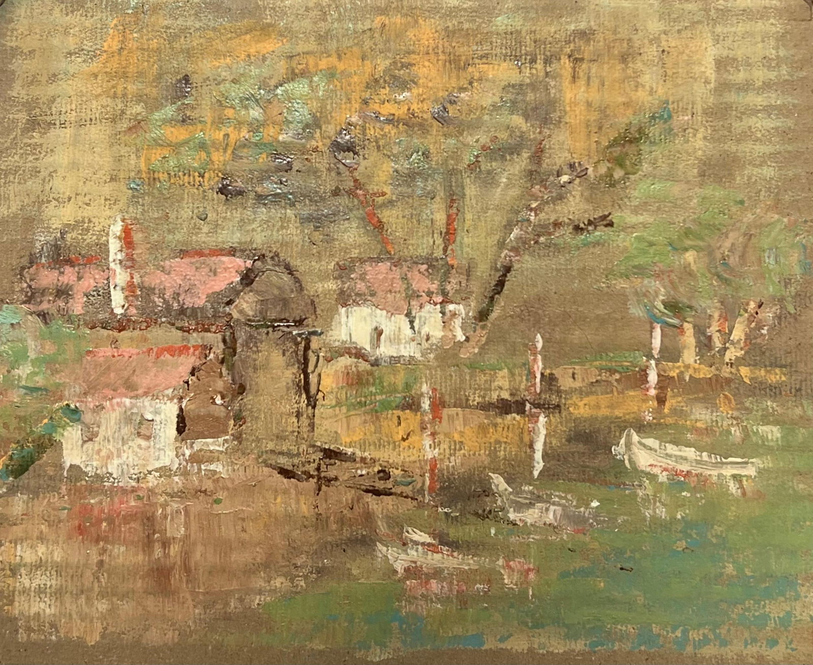 French Impressionist Golden Light Rustic Boats on Still Waters Oil Painting: Rustic River Scene by Fanch Lel (French b. 1930) Size: 9 x 11 inches Oil painting on cardboard, unframed Condition: The painting is in good condition, with minor signs of aging. Provenance: All the pa