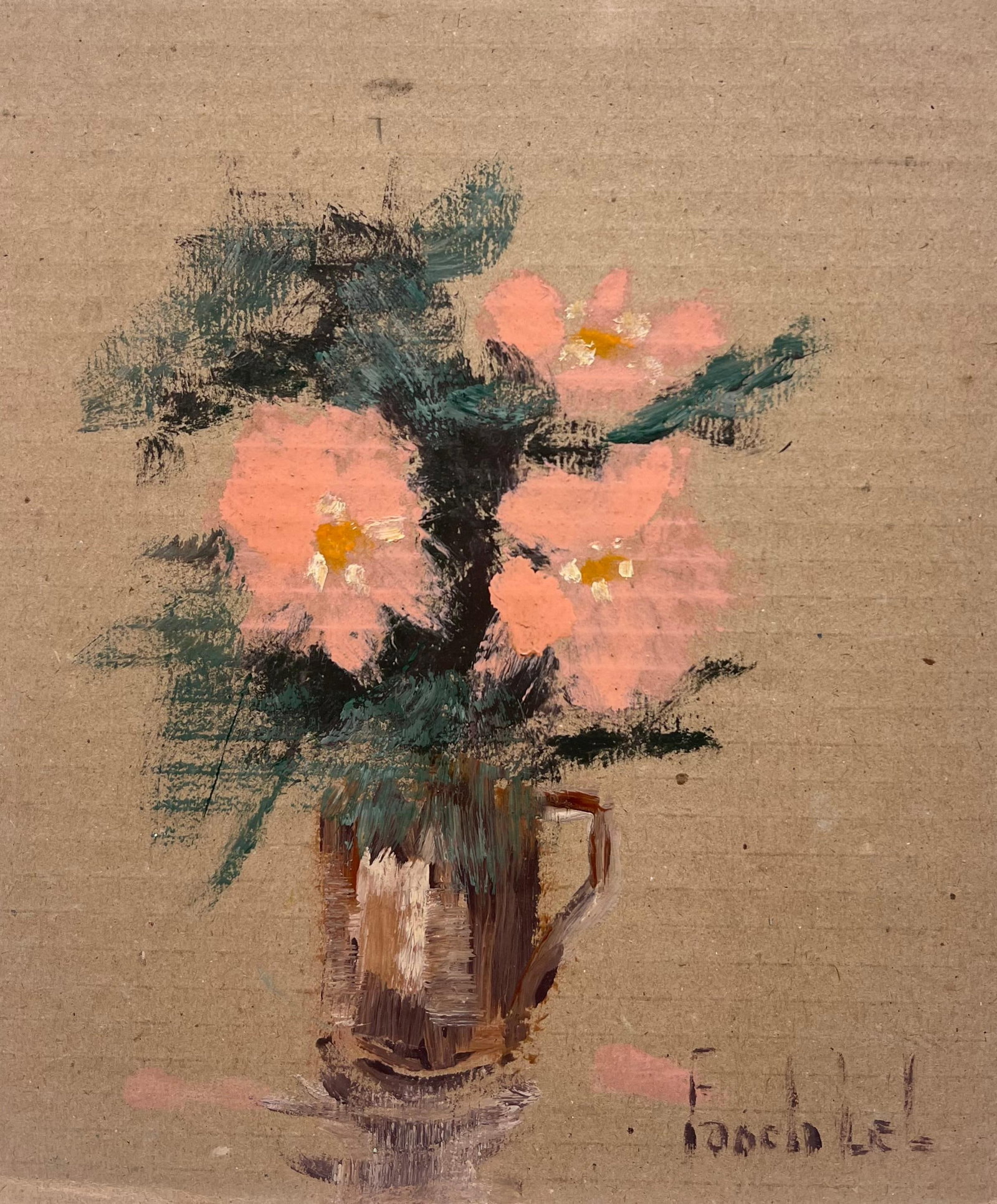 French Impressionist Still Life of Coral Flowers In Vintage Pint Jug: Coral Flower Still Life signed by Fanch Lel (French b. 1930) Size: 10.75 x 8.75 inches Oil painting on cardboard, unframed Condition: The painting is in good condition, with minor signs of aging. Prov