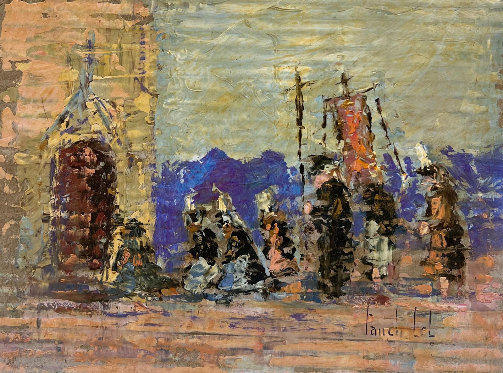 French Impressionist Vibrant Religious Procession Outside a Historic Chapel: Religious Procession signed by Fanch Lel (French b. 1930) Size: 7.5 x 9.5 inches Oil painting on cardboard, unframed Condition: The painting is in good condition, with minor signs of aging. Provenance