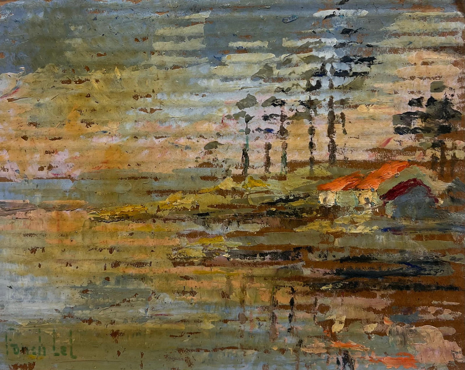French Impressionist Red Roof Cottages and Reflective Waters Oil Painting: Reflection Landscape signed by Fanch Lel (French b. 1930) Size: 8.75 x 10.75 inches Oil painting on cardboard, unframed Condition: The painting is in good condition, with minor signs of aging. Provena