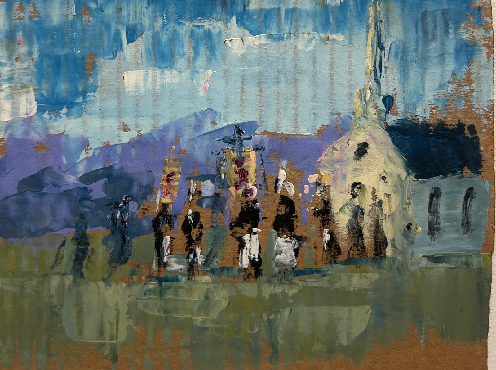French Impressionist Outdoor Church Service Summer Landscape: Church Countryside Service by Fanch Lel (French b. 1930) Size: 8 x 8.5 inches Oil painting on cardboard, unframed Condition: The painting is in good condition, with minor signs of aging. Provenance: A