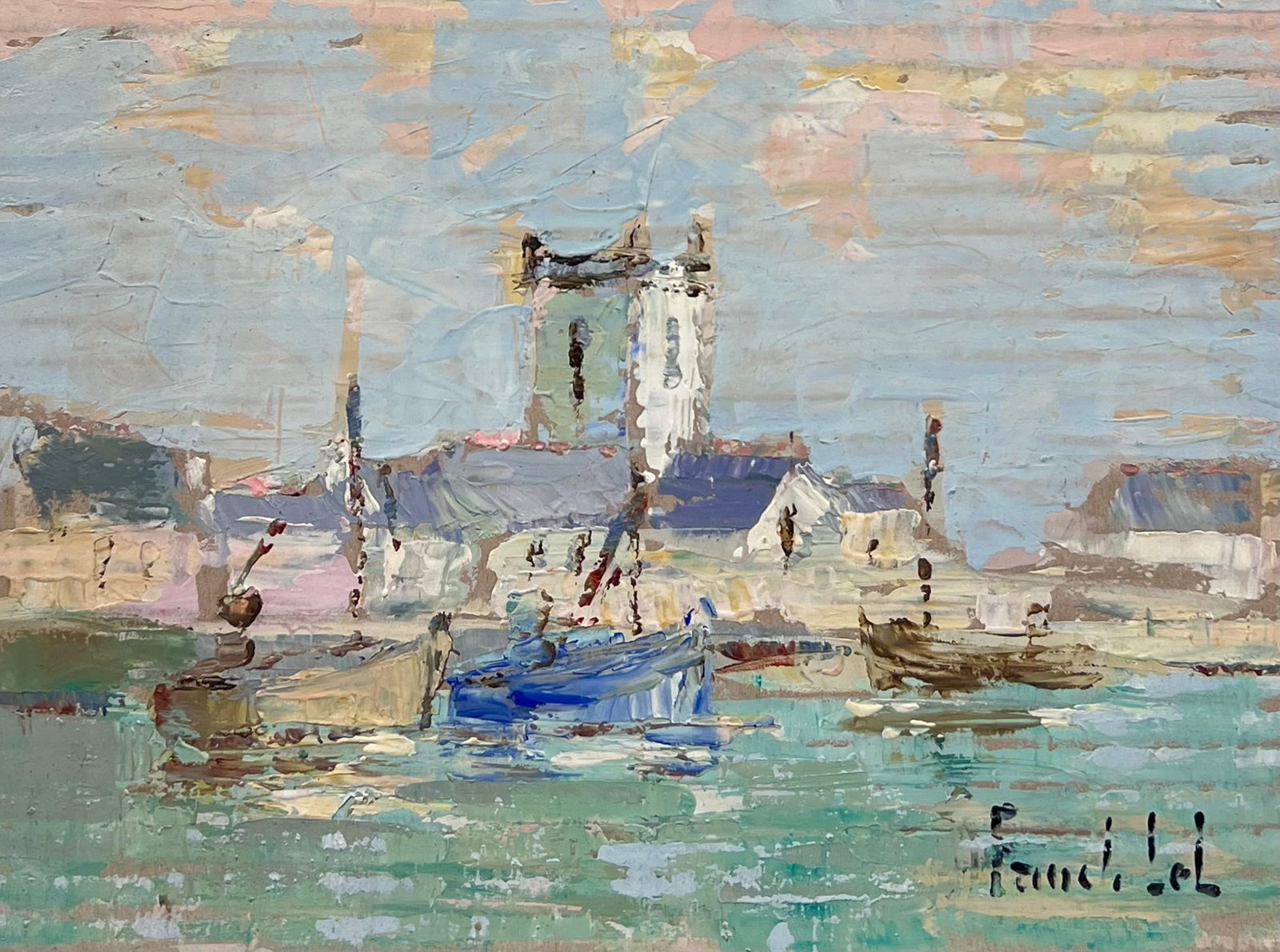 French Impressionist Tranquil Harbor Scene with Boats and Coastal Village: Tranquil harbor scene signed by Fanch Lel (French b. 1930) Size: 7.5 x 10 inches Oil painting on cardboard, unframed Condition: The painting is in good condition, with minor signs of aging. Provenance