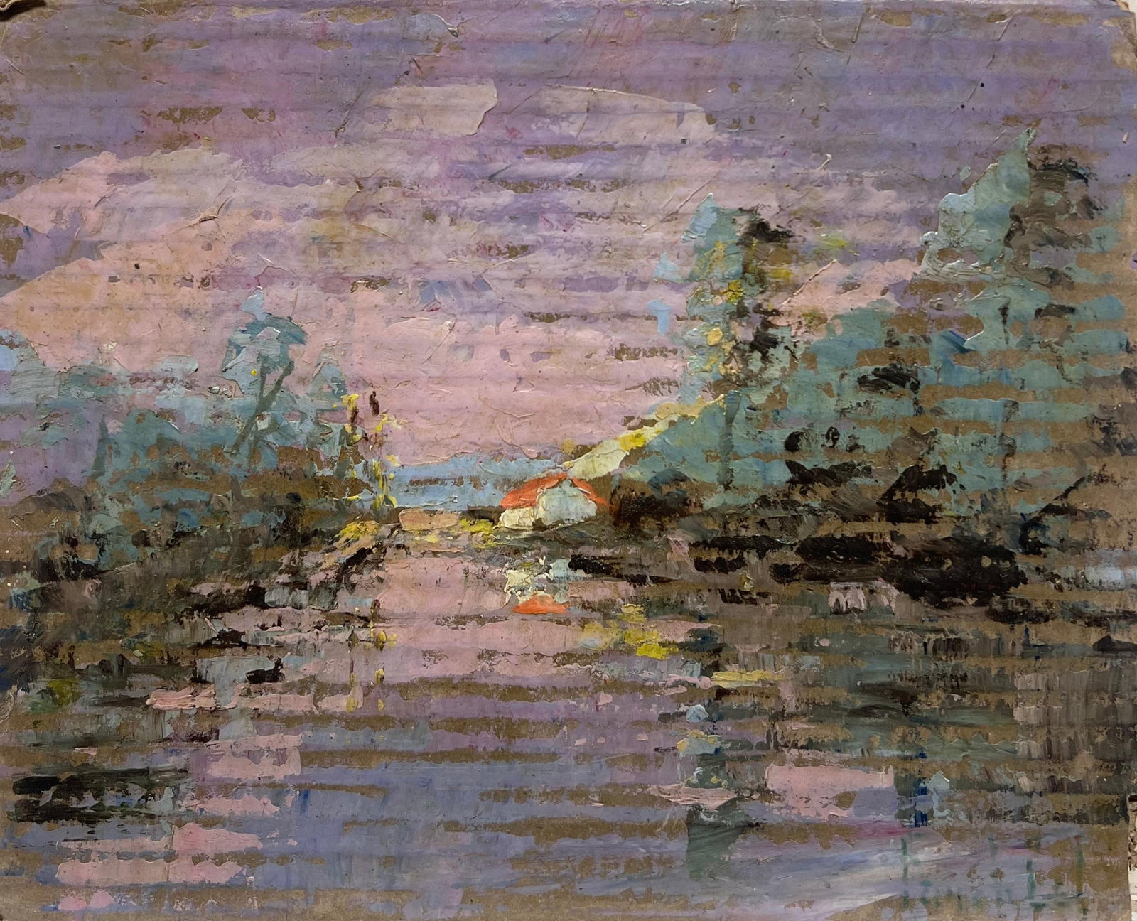French Impressionist Purple Lakeside Landscape with Red Roof Cottages at Sunset: Purple Lakeside signed by Fanch Lel (French b. 1930) Size: 9 x 11 inches Oil painting on cardboard, unframed Condition: The painting is in good condition, with minor signs of aging. Provenance: All th