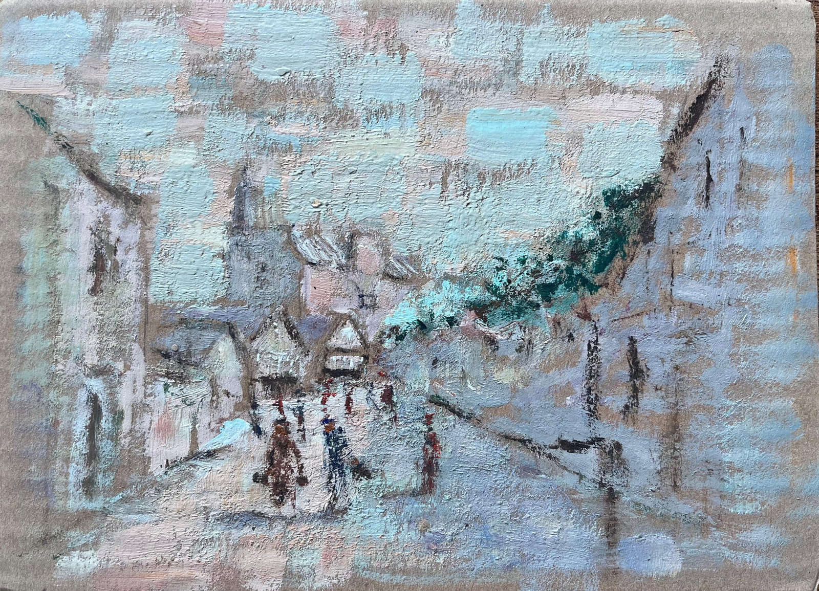 French Impressionist Winter Street Scene with Figures and Church Spire: Title: French Impressionist Winter Street Scene with Figures and Church Spireby Fanch Lel (French b. 1930)Size: 7.25 inches (height) x 9.75 inches (width)Oil painting on cardboard, unframedCondition: 