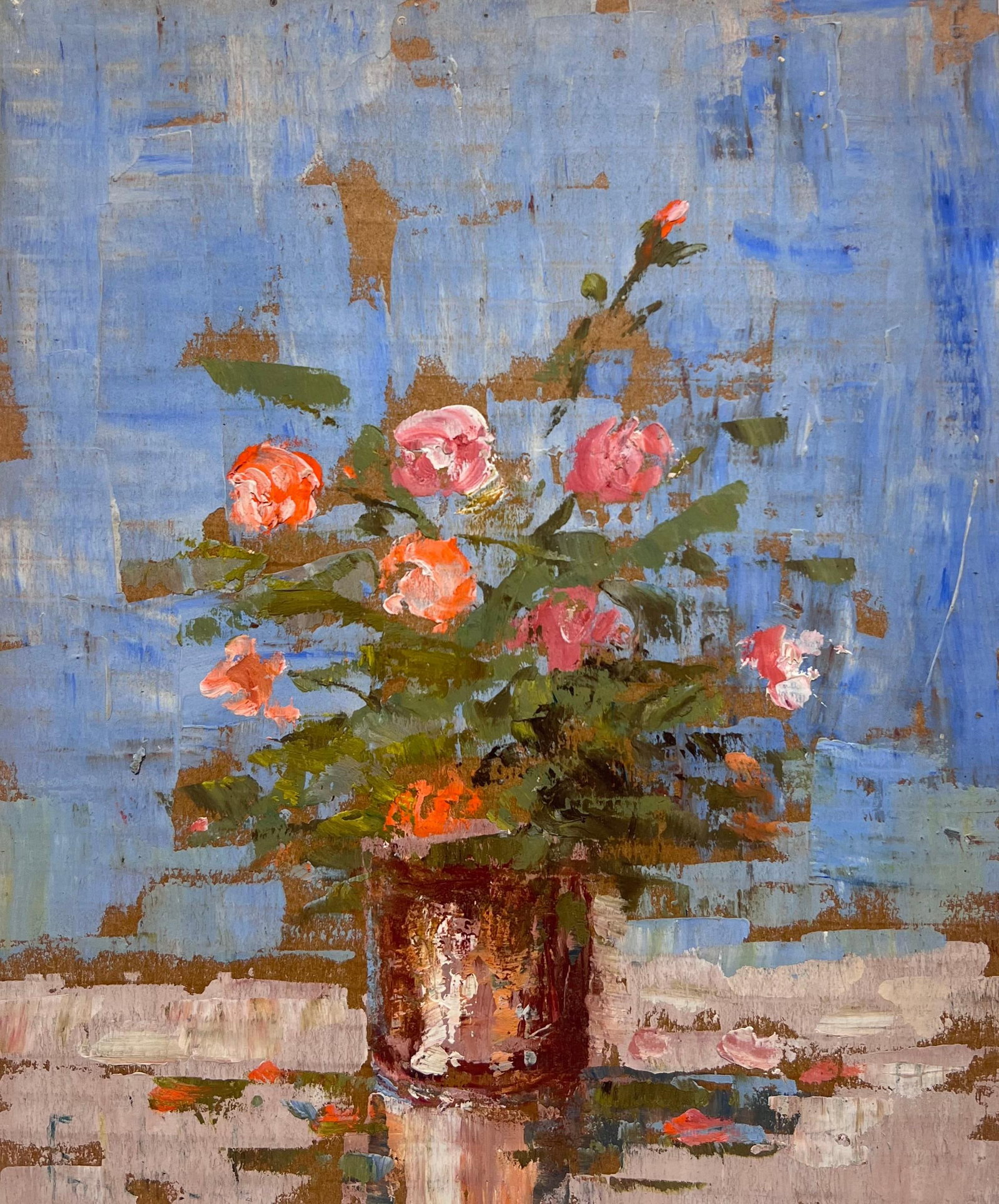 French Impressionist Still Life of Pink Roses in a Rustic Vase in Blue Interior: Still Life of Pink Roses signed by Fanch Lel (French b. 1930) Size: 10.5 x 8.5 inches Oil painting on cardboard, unframed Condition: The painting is in good condition, with minor signs of aging. Prove
