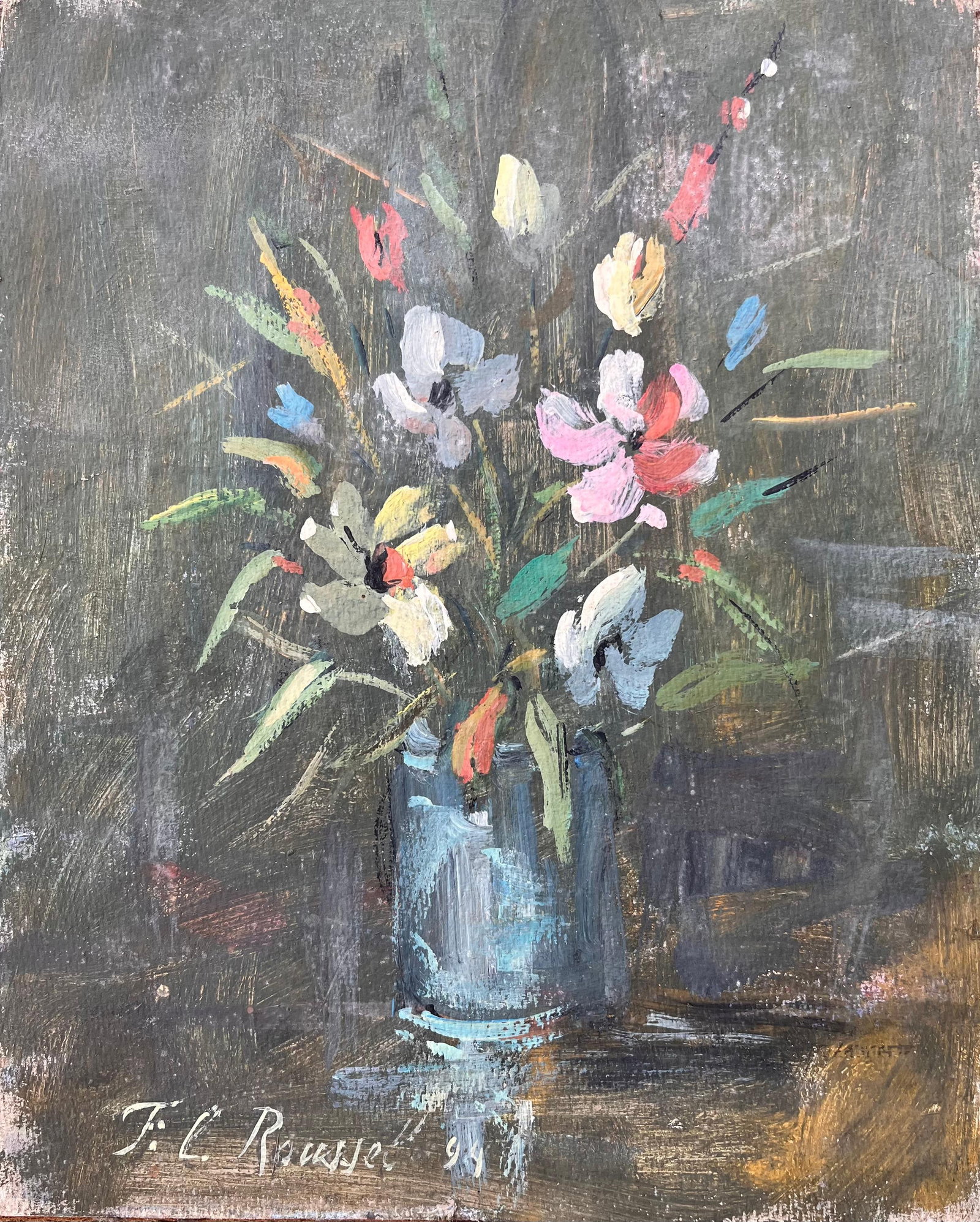 French Impressionist Still Life of Wildflowers in Blue Glass Jar: Title: French Impressionist Still Life of Wildflowers in Blue Glass JarBy F.L. RousselSigned: YesSize: 10.5 x 8.5 inches (height x width)Oil painting on cardboard, unframedCondition: The painting is i
