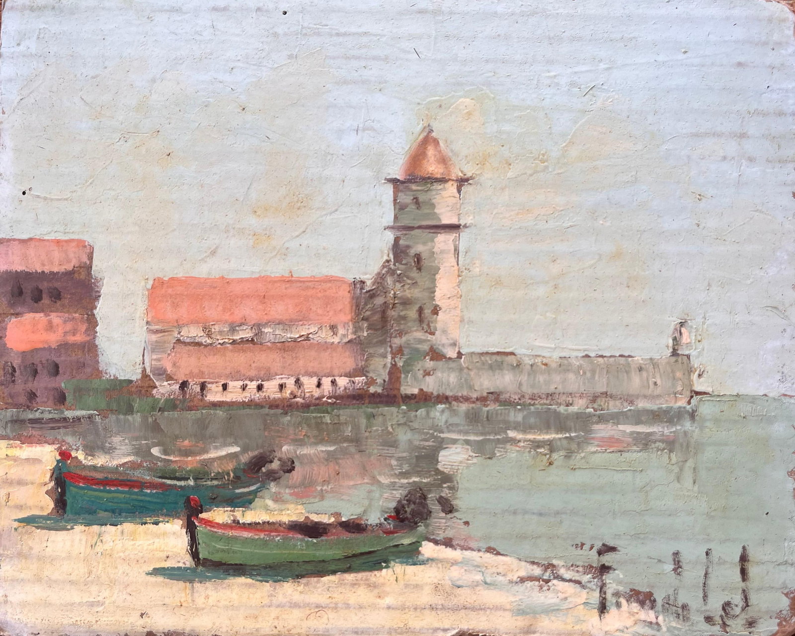 Impressionist French Coastal Village with Bell Tower Boats and Buildings: Title: Impressionist French Coastal Village with Bell Tower Boats and BuildingsBy Fanch LelSigned: YesSize: 8.75 x 10.5 inches (height x width)Oil painting on cardboard, unframedCondition: The paintin