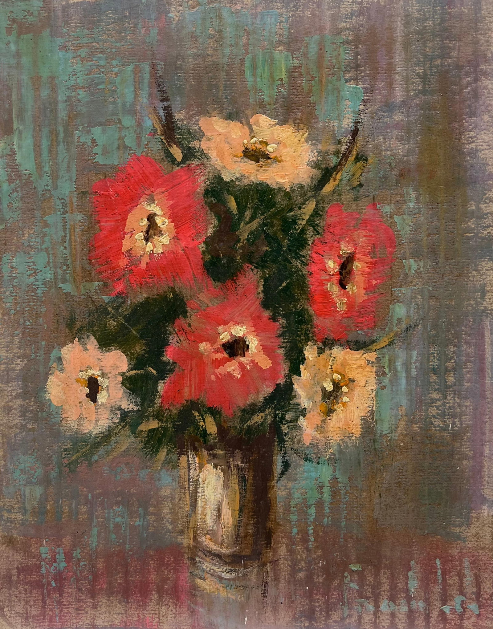 French Impressionist Bouquet of Red and Peach Flowers in a Small Bronze Vase: Rustic Bouquet signed by Fanch Lel (French b. 1930) Size: 11.75 x 9 inches Oil painting on cardboard, unframed Condition: The painting is in good condition, with minor signs of aging. Provenance: All 
