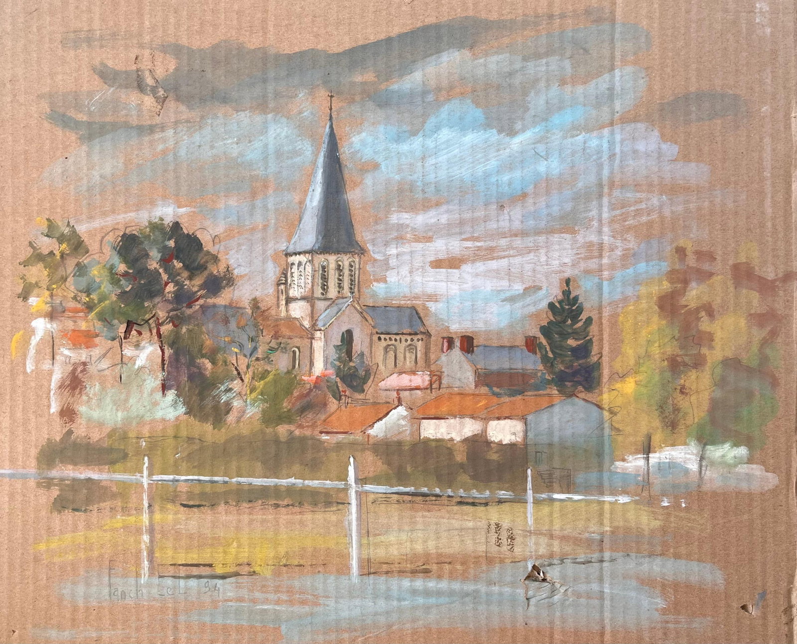 French Impressionist Village Landscape with Church and Red Roofs: Title: French Impressionist Village Landscape with Church and Red Roofs by Fanch LelBy Fanch LesSigned: YesSize: 19.25 x 20.5 inches (height x width)Gouache painting on cardboard, unframedCondition: G
