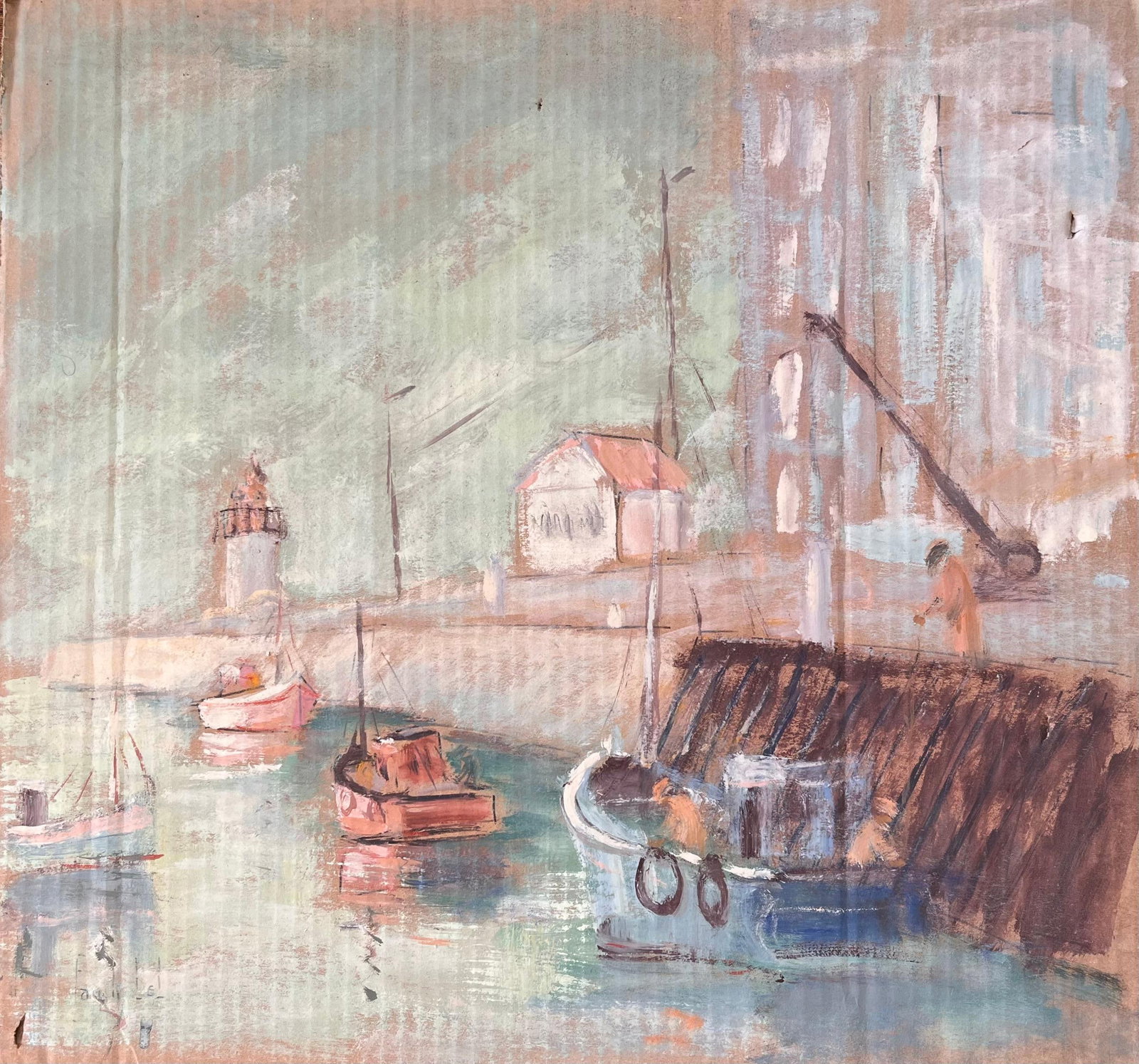 French Impressionist Harbour Scene in Fecamp Normandy with Lighthouse and Boats: Title: French Impressionist Harbour Scene in Fecamp Normandy with Lighthouse and Boats By Fanch Lel Signed: Yes Size: 19.25 x 20.5 inches (height x width) Oil painting on cardboard, unframed Condition