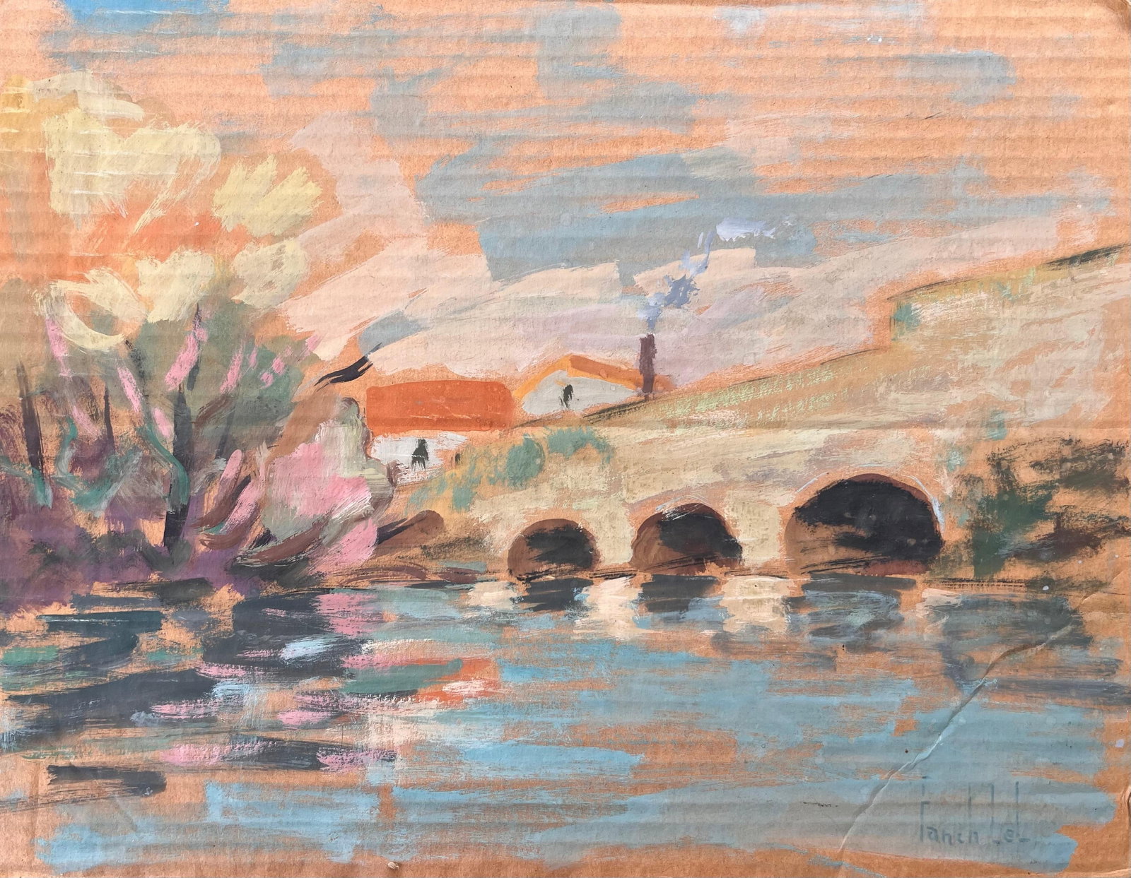 French Impressionist Landscape of Brunoy and the Old Bridge of Boussy: Title: French Impressionist Landscape of Brunoy and the Old Bridge of Boussy By Fanch Lel Signed: Yes Size: 10.75 x 13.75 inches (height x width) Gouache painting on cardboard, unframed Condition: The