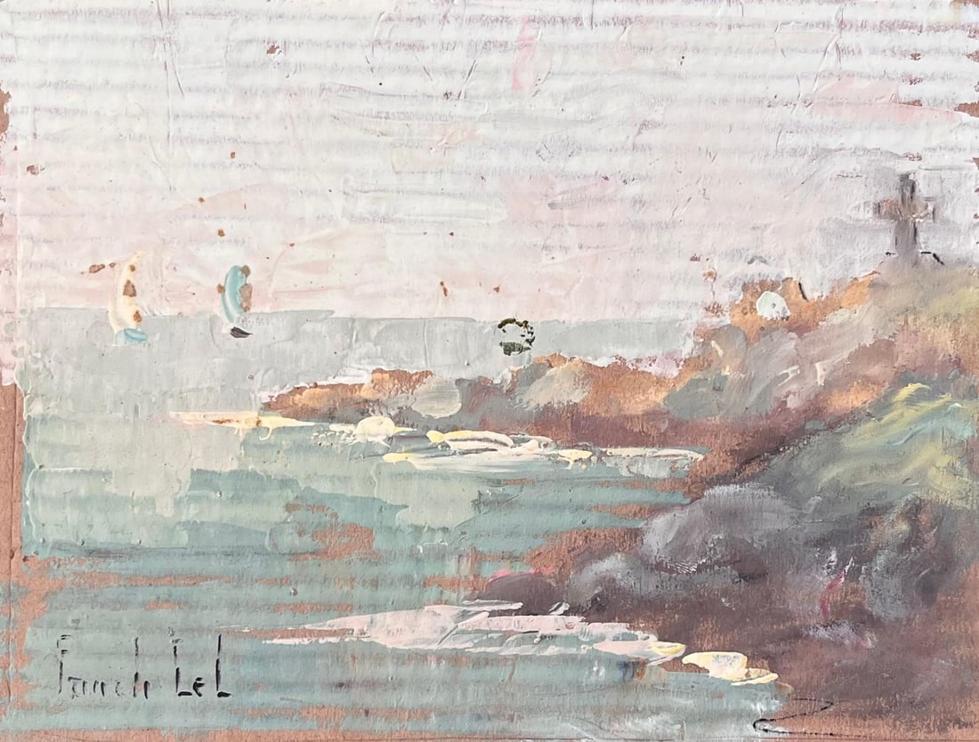 French Impressionist Coastal Cliff and Sailboats Scene with Cross Monument: Title: French Impressionist Coastal Cliff and Sailboats Scene with Cross Monument By Fanch Lel Signed: Yes Size: 15 x 14.75 inches (height x width) Oil painting on cardboard, unframed Condition: Good 