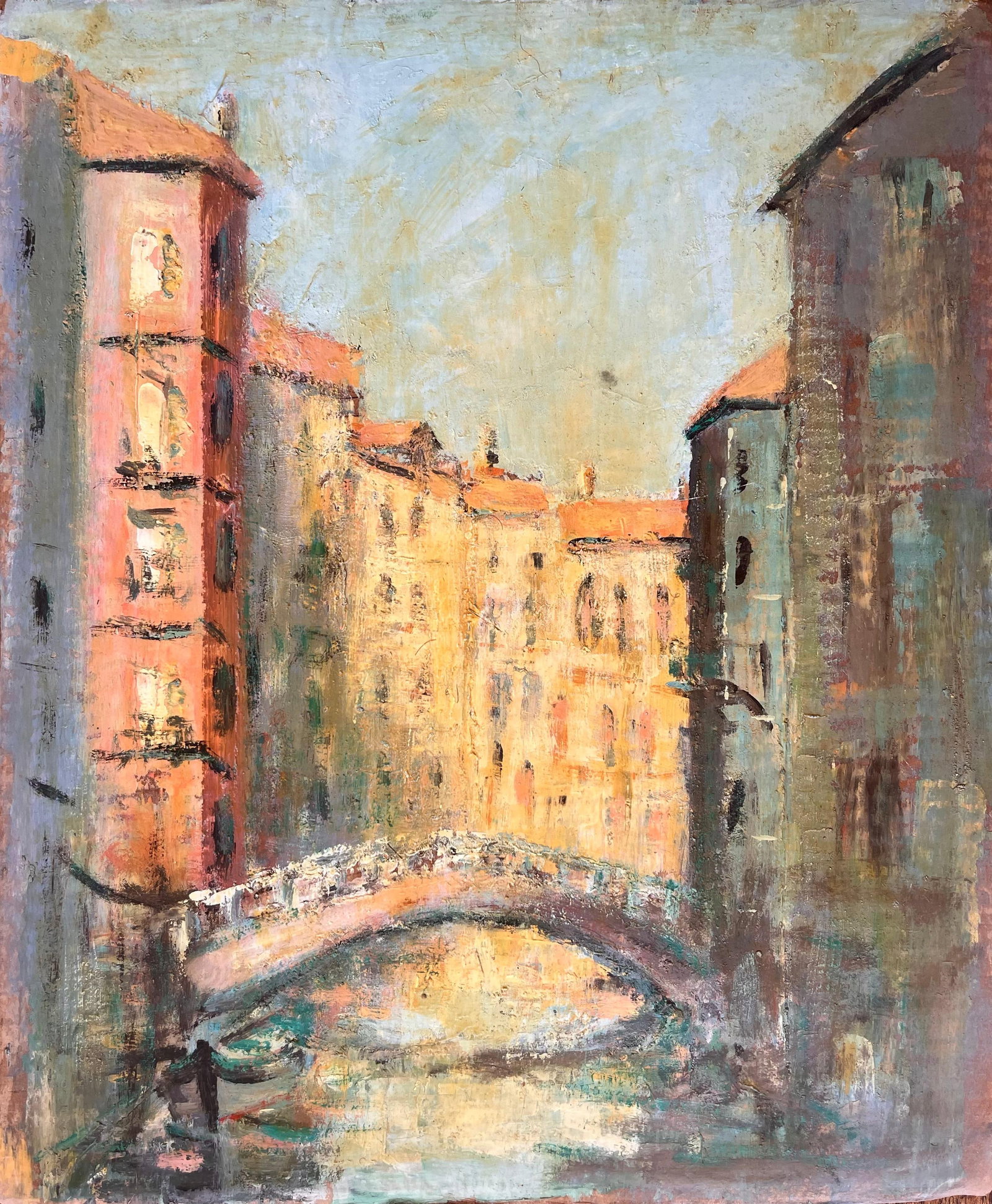 Impressionist Painting of Venetian Canal with Bridge and Sunlit Buildings: Title: Impressionist Painting of Venetian Canal with Bridge and Sunlit Buildings By Fanch Lel Size: 18.25 x 15.25 inches (height x width) Oil painting on cardboard, unframed Condition: The painting is