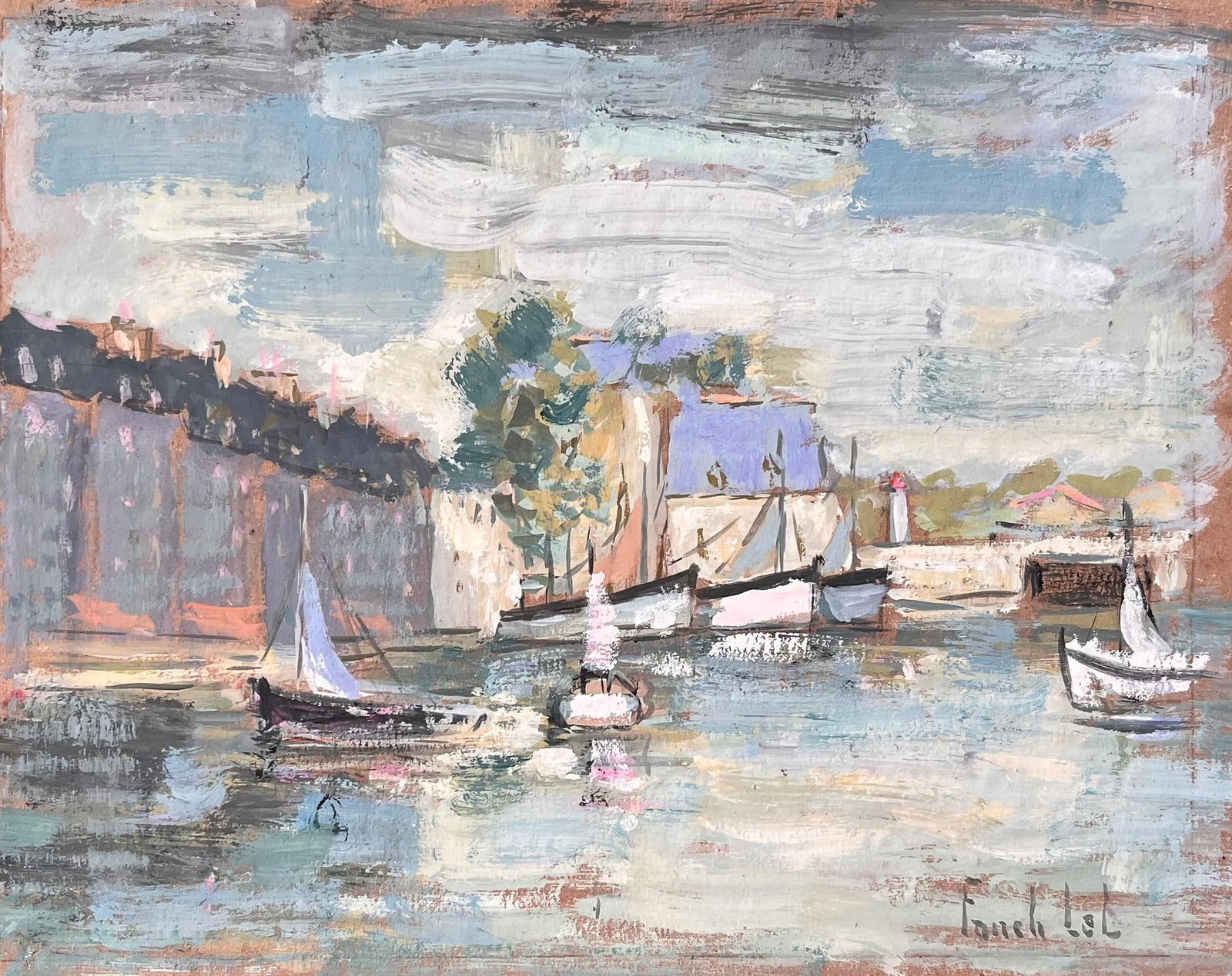 French Impressionist Harbour Scene with Sailboats and Quayside Architecture: Title: French Impressionist Harbour Scene with Sailboats and Quayside Architecture By Fanch Lel Signed: Yes Size: 12.25 x 16.25 inches (height x width) Oil painting on cardboard, unframed Condition: G