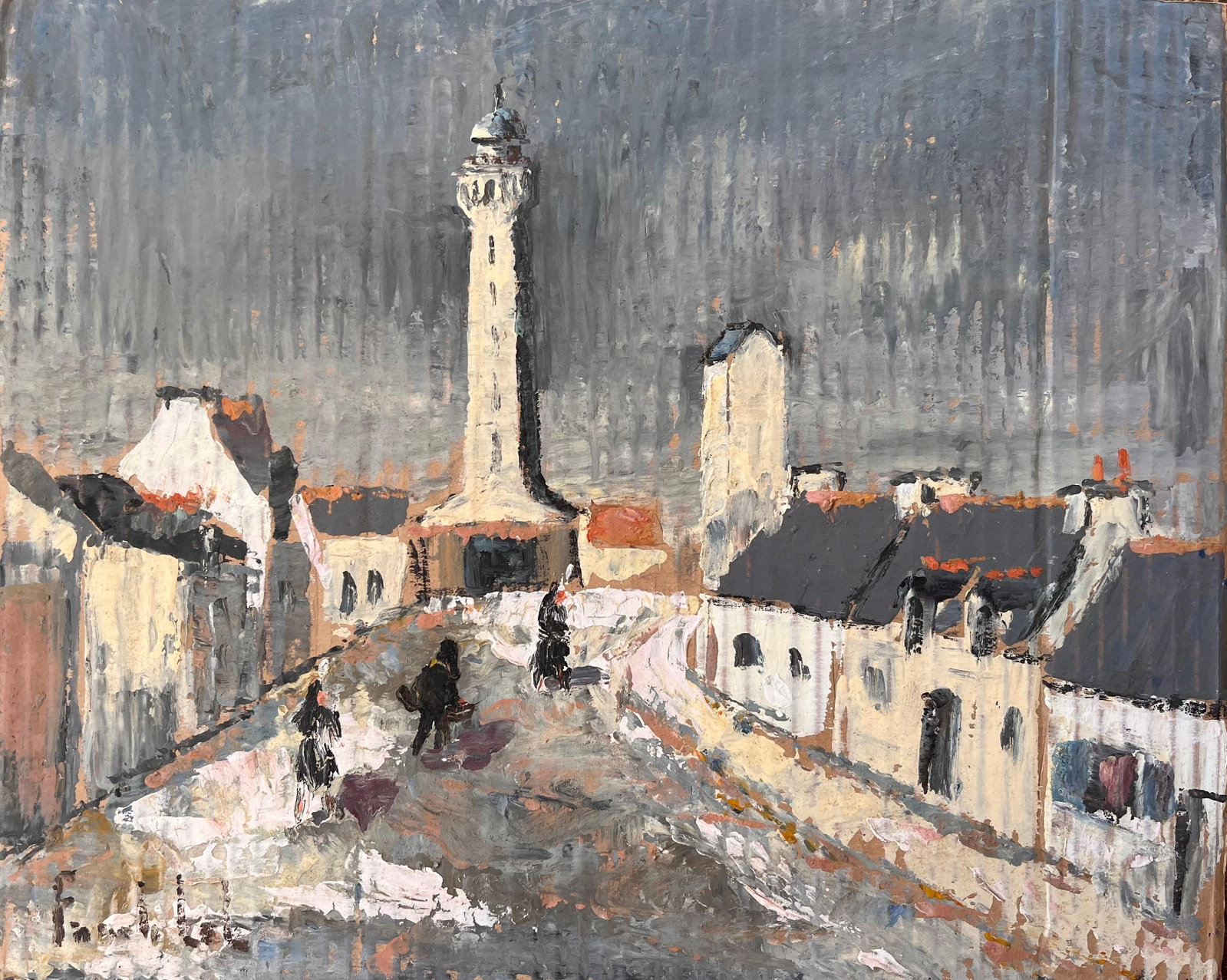 Impressionist Painting of French Village Street with Lighthouse and Figures: Title: Impressionist Painting of French Village Street with Lighthouse and FiguresBy Fanch LelSigned: YesSize: 13 x 16.25 inches (height x width)Oil painting on cardboard, unframedCondition: The paint