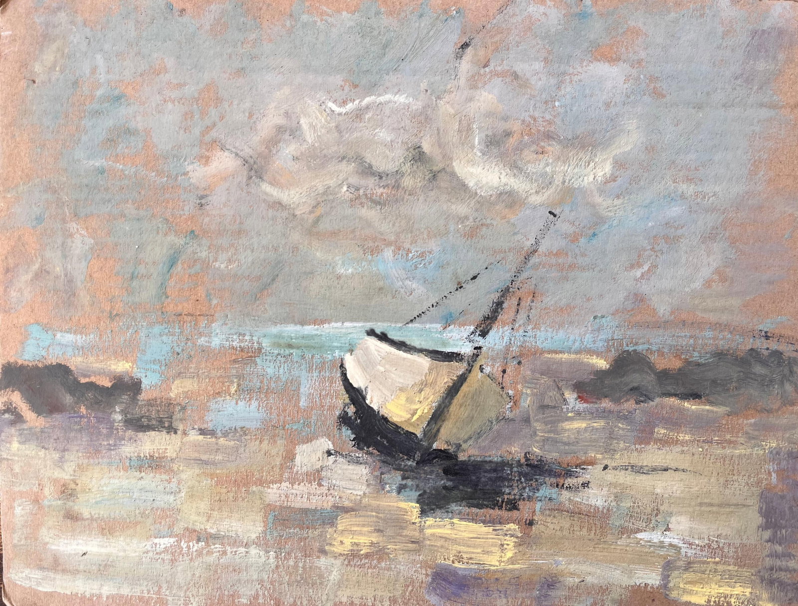 Impressionist Beached Sailboat on Low Tide Shore under Cloudy Sky: Title: Impressionist Beached Sailboat on Low Tide Shore under Cloudy SkyBy Fanch LelSize: 10.75 x 14 inches (height x width)Oil painting on cardboard, unframedCondition: The painting is in good condit