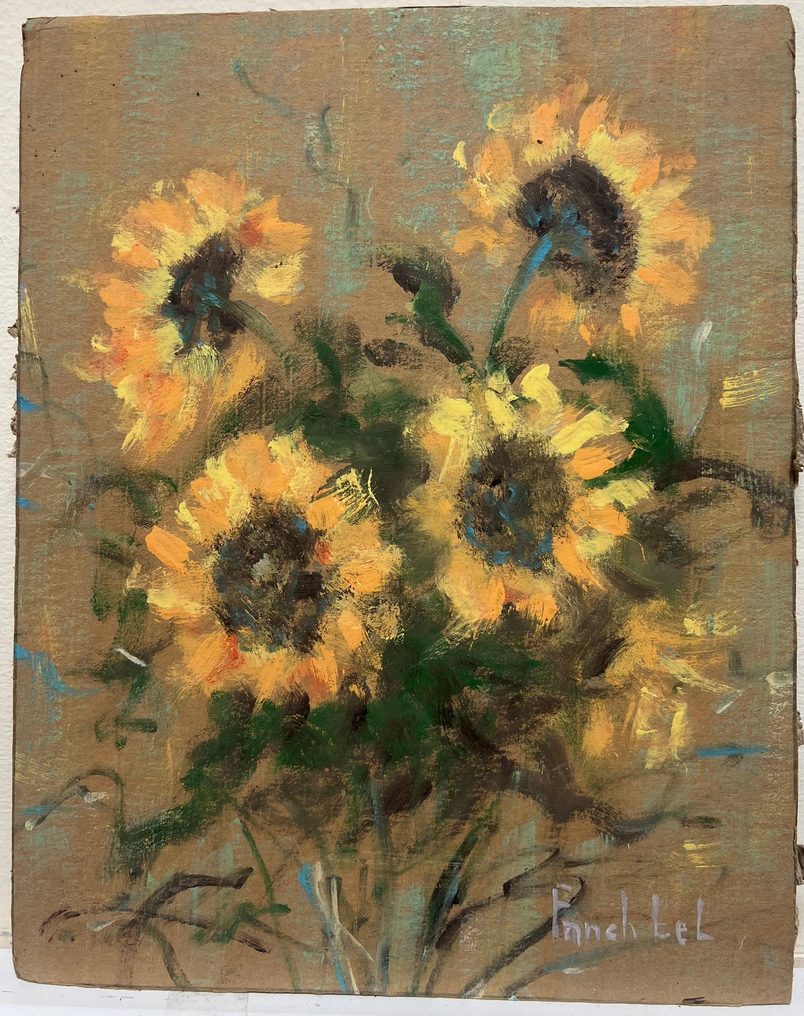 French Impressionist Rustic Bouquet of Sunflowers Still Life Gouache Painting: Sunflower Bouquet signed by Fanch Lel (French b. 1930) Size: 11.75 x 9.5 inches Gouache painting on cardboard, unframed Inscribed verso Condition: The painting is in good condition, with minor signs o