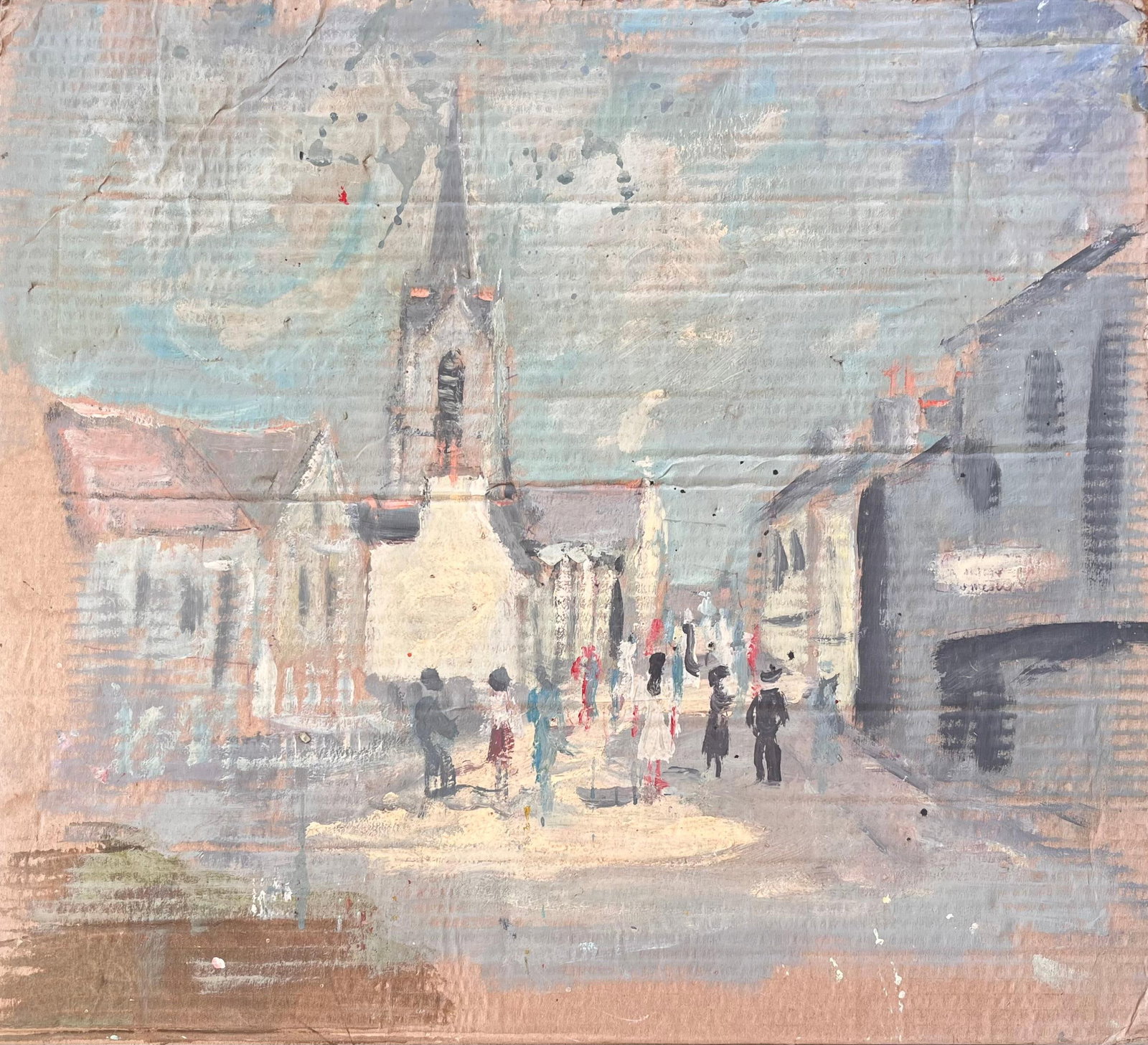 French Impressionist Village Street Scene with Church and Figures: Title: French Impressionist Village Street Scene with Church and FiguresBy Fanch LesSize: 20.25 x 19.5 inches (height x width)Oil painting on cardboard, unframedCondition: The painting is in good cond