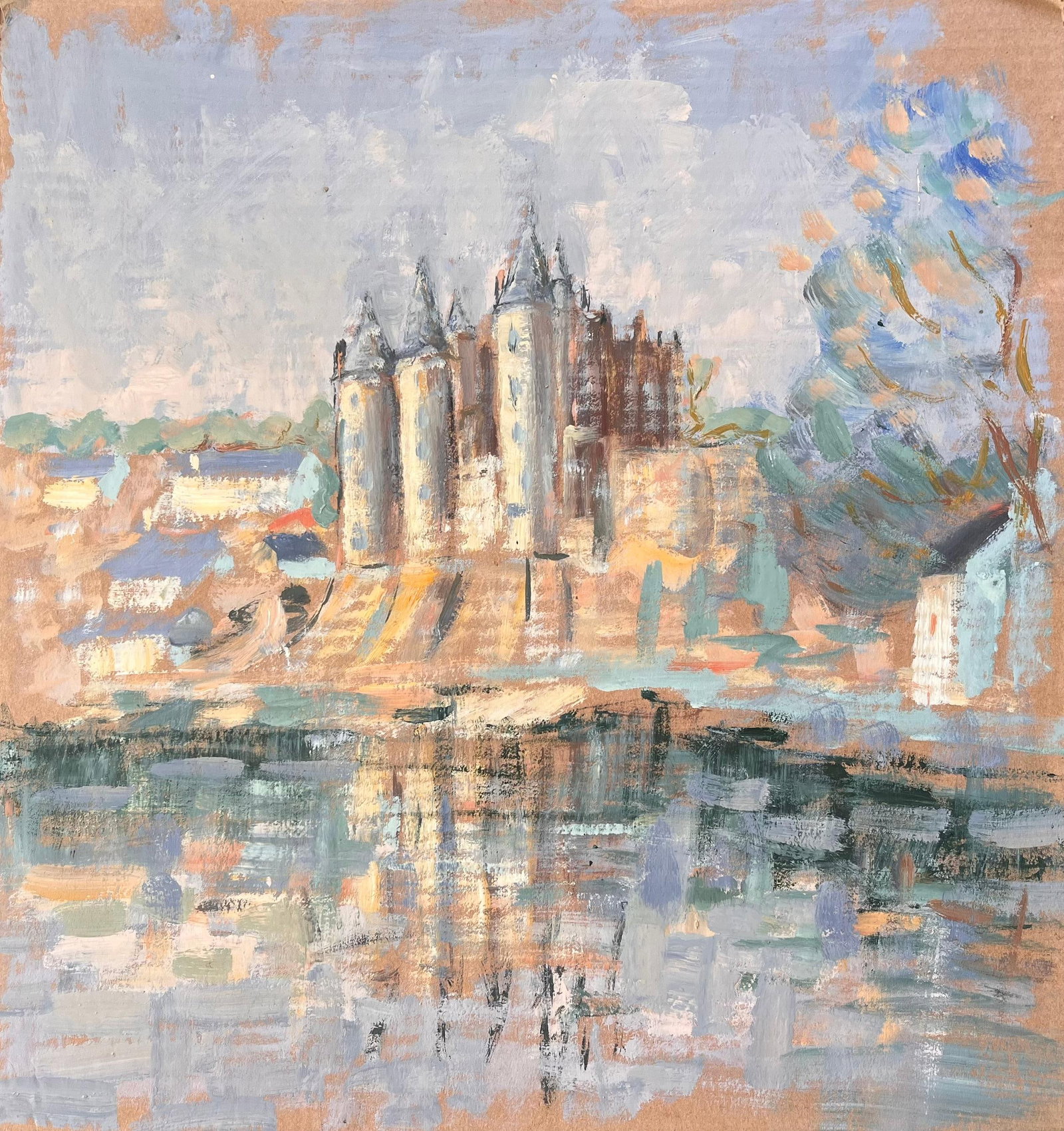 French Impressionist Castle on Riverbank with Reflections and Village: Title: French Impressionist Castle on Riverbank with Reflections and VillageBy Fanch LelSize: 20.5 x 19.25 inches (height x width)Oil painting on cardboard, unframedCondition: Good condition overall w