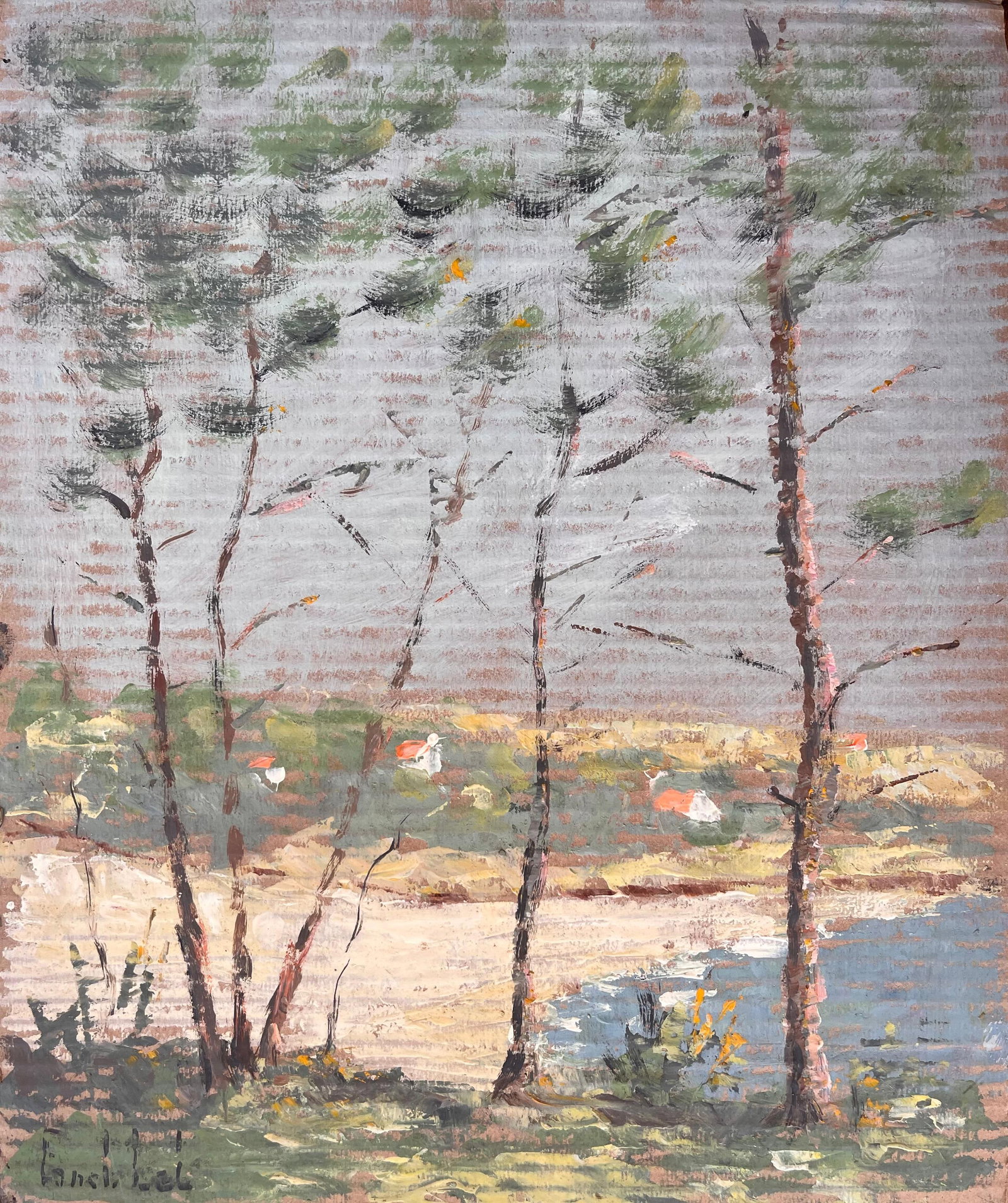 Impressionist Coastal Landscape with Pine Trees Sandy Shore and Distant Cottages: Title: Impressionist Coastal Landscape with Pine Trees Sandy Shore and Distant Cottages By Fanch Lel Size: 18.25 x 15 inches Oil painting on cardboard, unframed Condition: The painting is in good cond