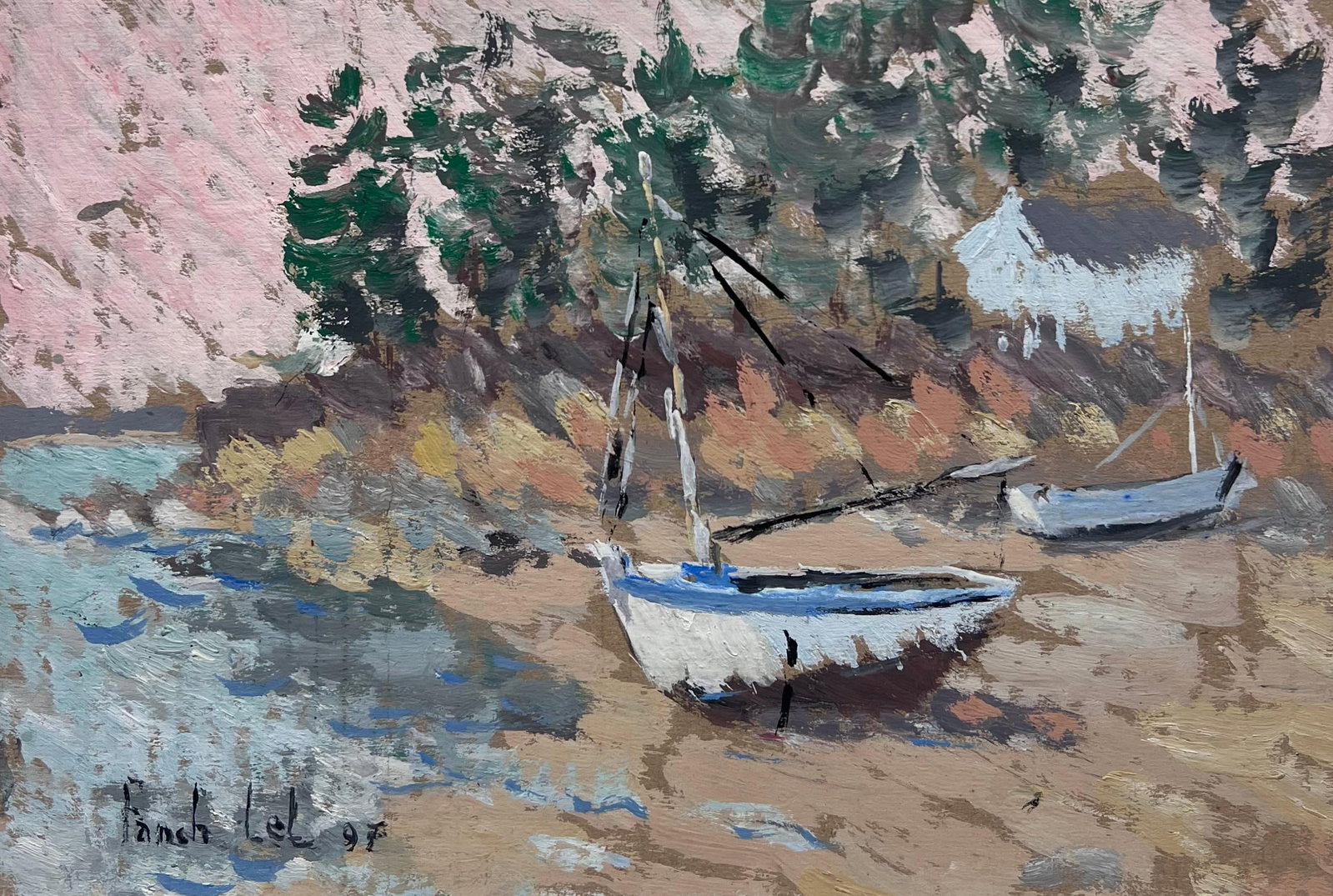 French Impressionist Coastal Scene Beached Sailboats Resting on a Sandy Shore: Coastal scene signed by Fanch Lel (French b. 1930) Size: 7.75 x 10.5 inches Oil painting on cardboard, unframed Condition: The painting is in good condition, with minor signs of aging. Provenance: All