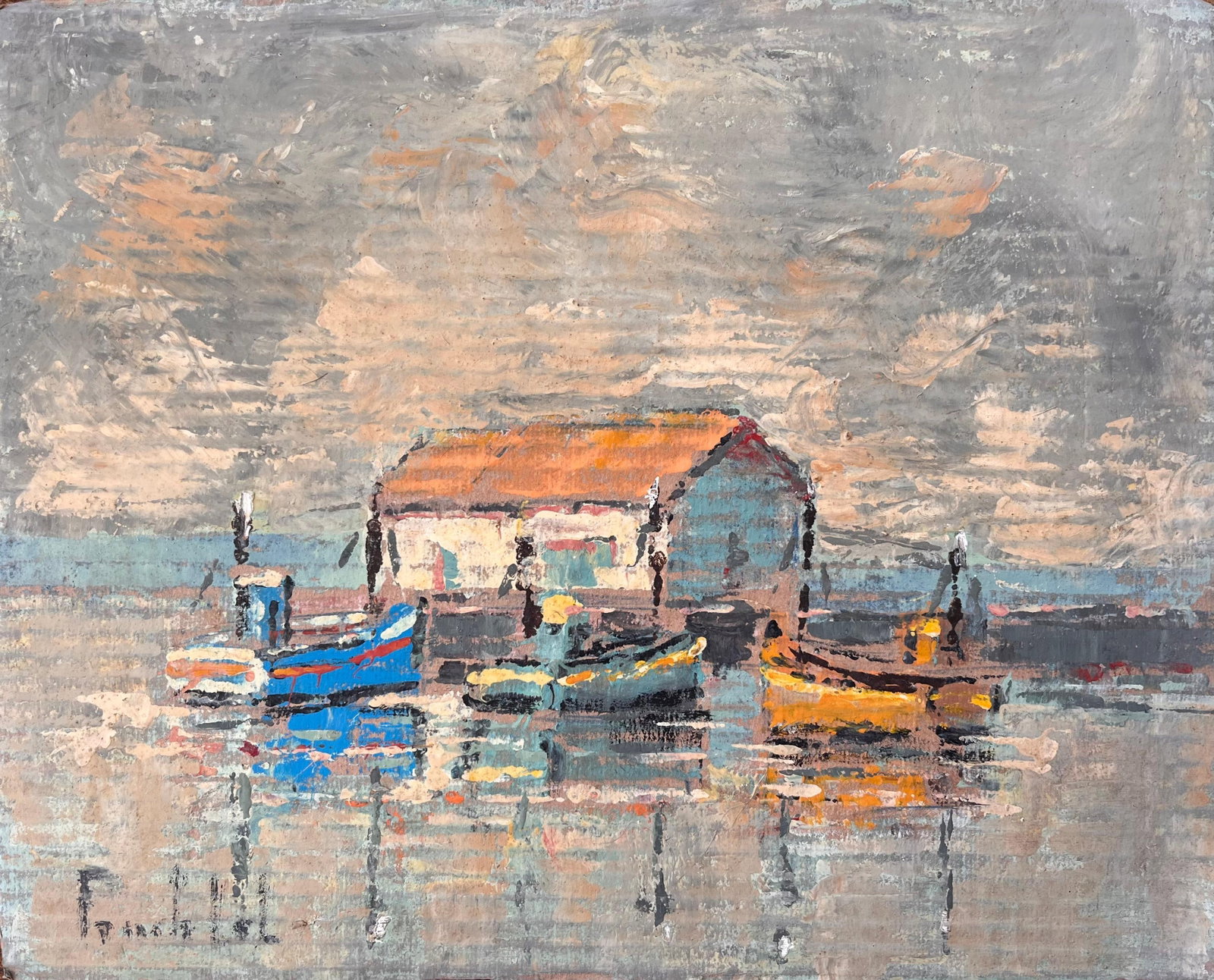 Impressionist Painting of Fishing Boats and Boathouse under Dramatic Sky: Title: Impressionist Painting of Fishing Boats and Boathouse under Dramatic Sky By Fanch Lel Size: 13 x 16.25 inches Oil painting on cardboard, unframed Condition: The painting is in good condition wi