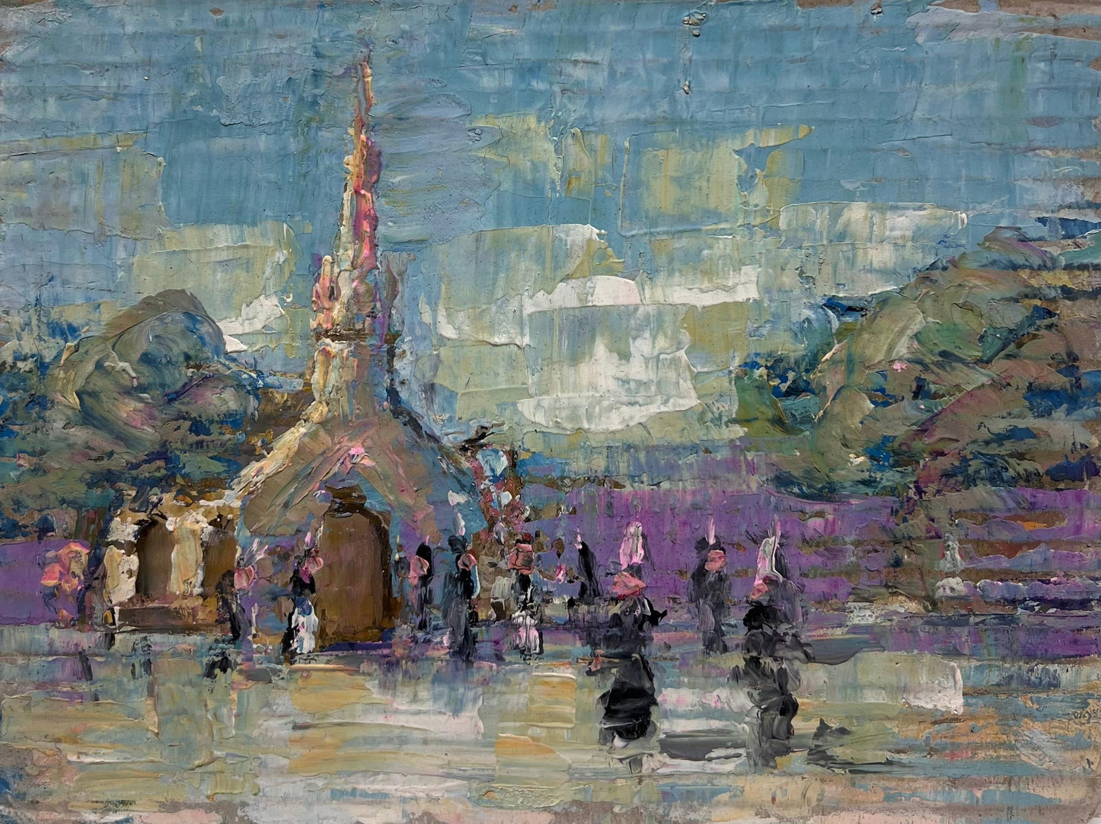 French Impressionist Vibrant Ceremonial Gathering at the Chapel Breton France: Ceremonial Gathering at the Chapel by Fanch Lel (French b. 1930) Size: 10.75 x 9.75 inches Oil painting on cardboard, unframed Condition: The painting is in good condition, with minor signs of aging. 