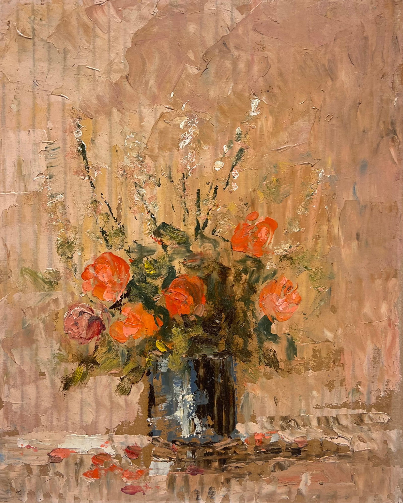 French Impressionist Rustic Bouquet of Vibrant Orange Roses in a Deep Blue Vase: Rustic Orange Bouquet by Fanch Lel (French b. 1930) Size: 10.5 x 8.75 inches Oil painting on cardboard, unframed Condition: The painting is in good condition, with minor signs of aging. Provenance: Al