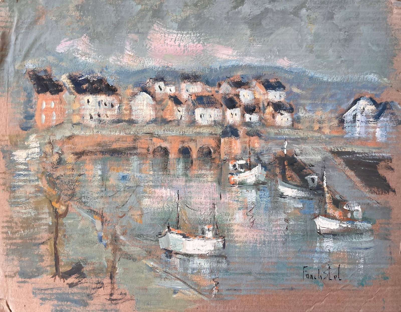 Impressionist Harbour Scene with Boats and Stone Bridge in La Trinité sur Mer: Title: Impressionist Harbour Scene with Boats and Stone Bridge in La Trinité sur Mer By Fanch Lel Signed: Yes Size: 15.25 x 19.5 inches Oil painting on cardboard, unframed Condition: The painting is 