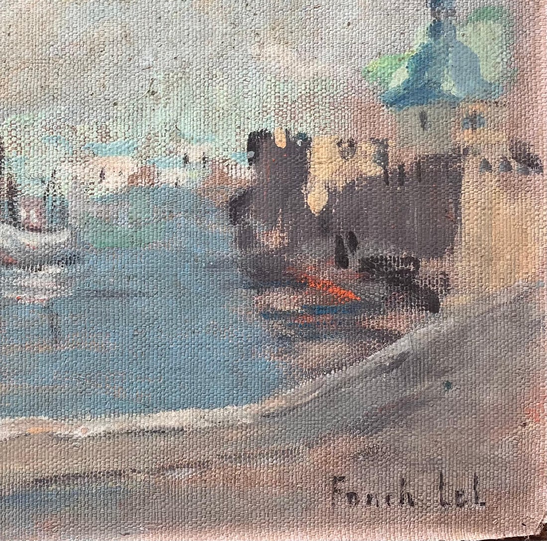 Impressionist Oil Painting Port Scene with Green Dome and Fishing Boats: Title: Impressionist Oil Painting Port Scene with Green Dome and Fishing Boats By Fanch Lel Size: 13.25 x 16.25 inches (height x width) Oil painting on board, unframed Condition: The painting is in go