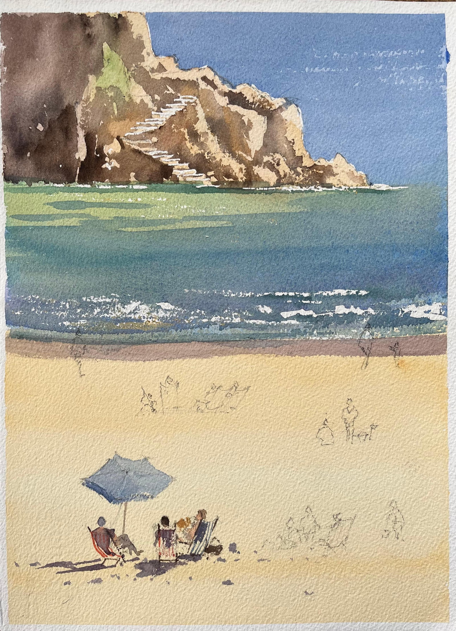 British Impressionist Watercolor of a Beach Scene with Coastal Cliffs (1 of 5)