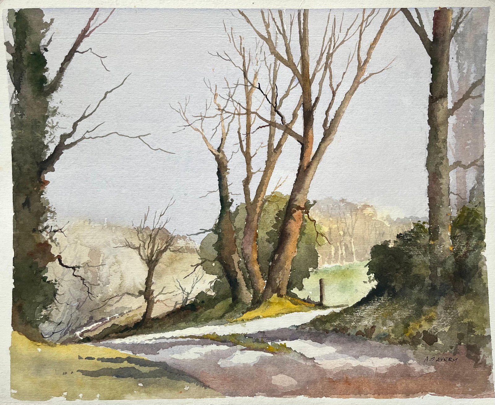 British Impressionist Watercolor of a Quiet Country Path with Bare Trees (1 of 7)