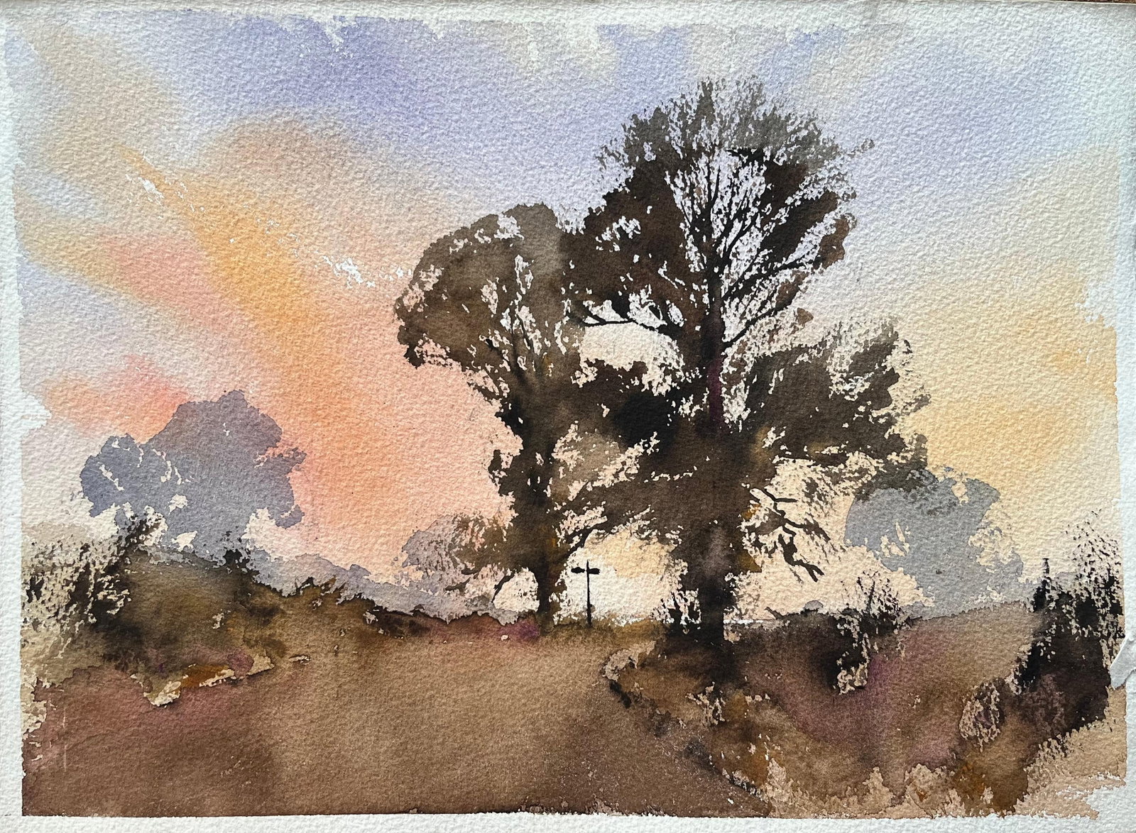 British Impressionist Watercolor of Crossroads Bathed in Warm Fading Light (1 of 6)