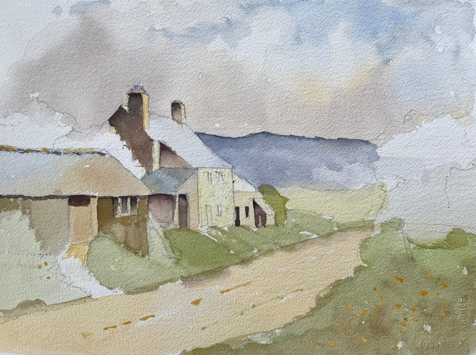 British Impressionist Watercolor of Cottages Along a Country Lane: Title: British Impressionist Watercolor of Cottages Along a Country Lane by Anthony Avery (British 1946-2023). Original watercolor on artists paper, unframed. Dimensions: 11.25 x 15.25 inches (Height 