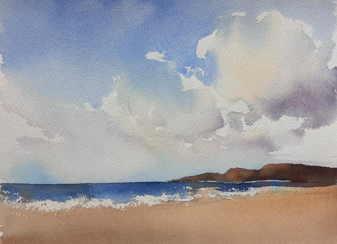 British Original Impressionist Watercolor Clouds over Sandy Beach Blue Seas: Coastal Landscape by Anthony Avery (British 1946-2023). Original watercolor on artists paper, unframed. Paper dimensions: 11 x 15 inches. Condition: very good and ready to be enjoyed. Provenance: from