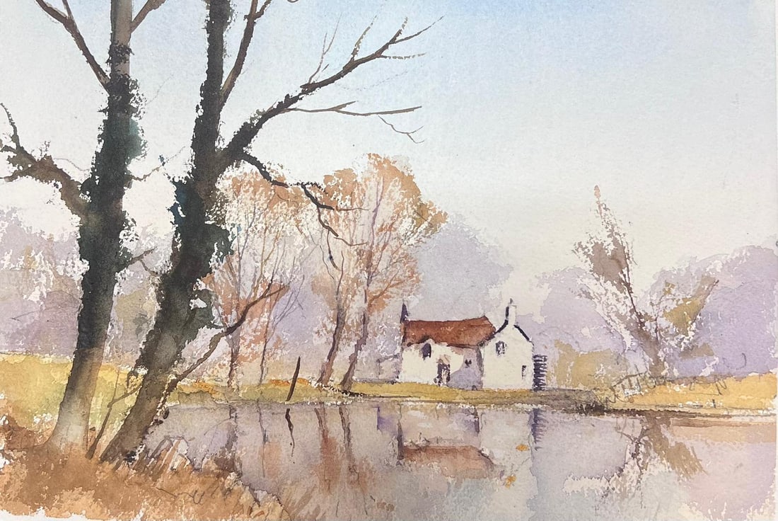 Fine British Original Impressionist Watercolor White Cottage Overlooking Lake: White Cottage Overlooking The British Lake by Anthony Avery (British 1946-2023). Original watercolor on artists paper, unframed. Paper dimensions: 11 x 15.5 inches. Condition: very good and ready to b