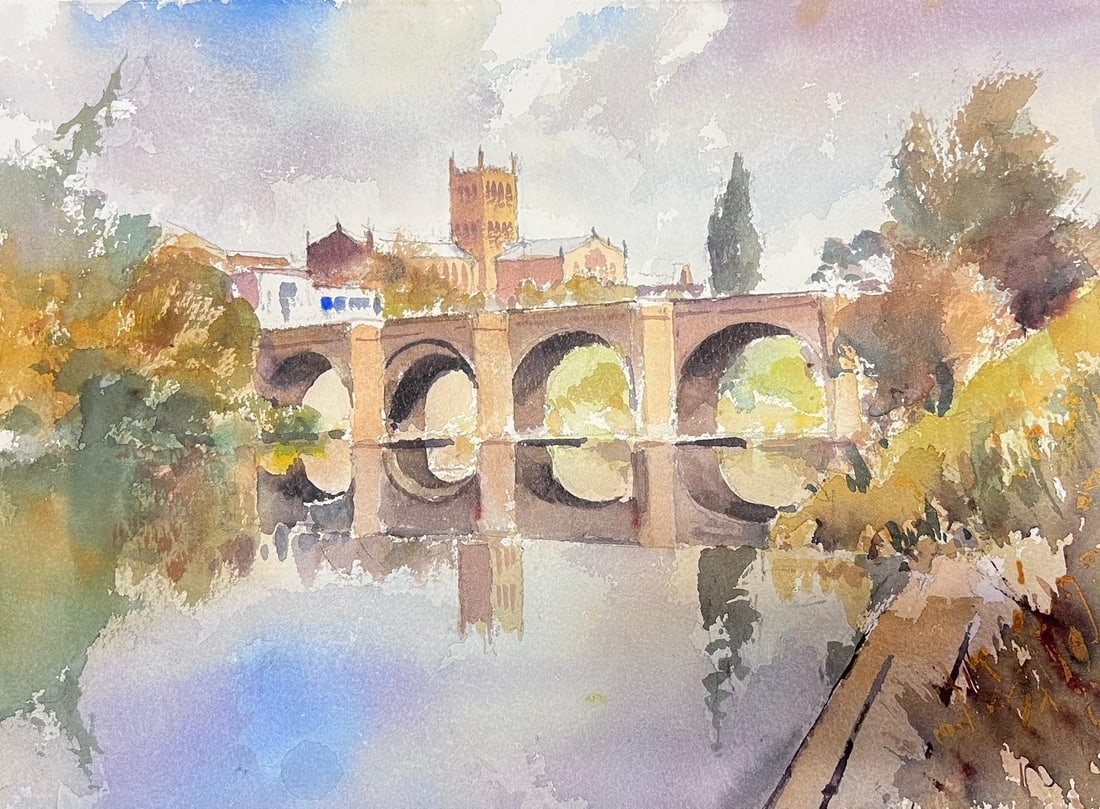 Fine British Original Impressionist Watercolor The Old Bridge Hereford: Bridge Landscape by Anthony Avery (British 1946-2023). Original watercolor on artists paper, unframed. Paper dimensions: 11 x 15 inches. Condition: very good and ready to be enjoyed. Provenance: from 