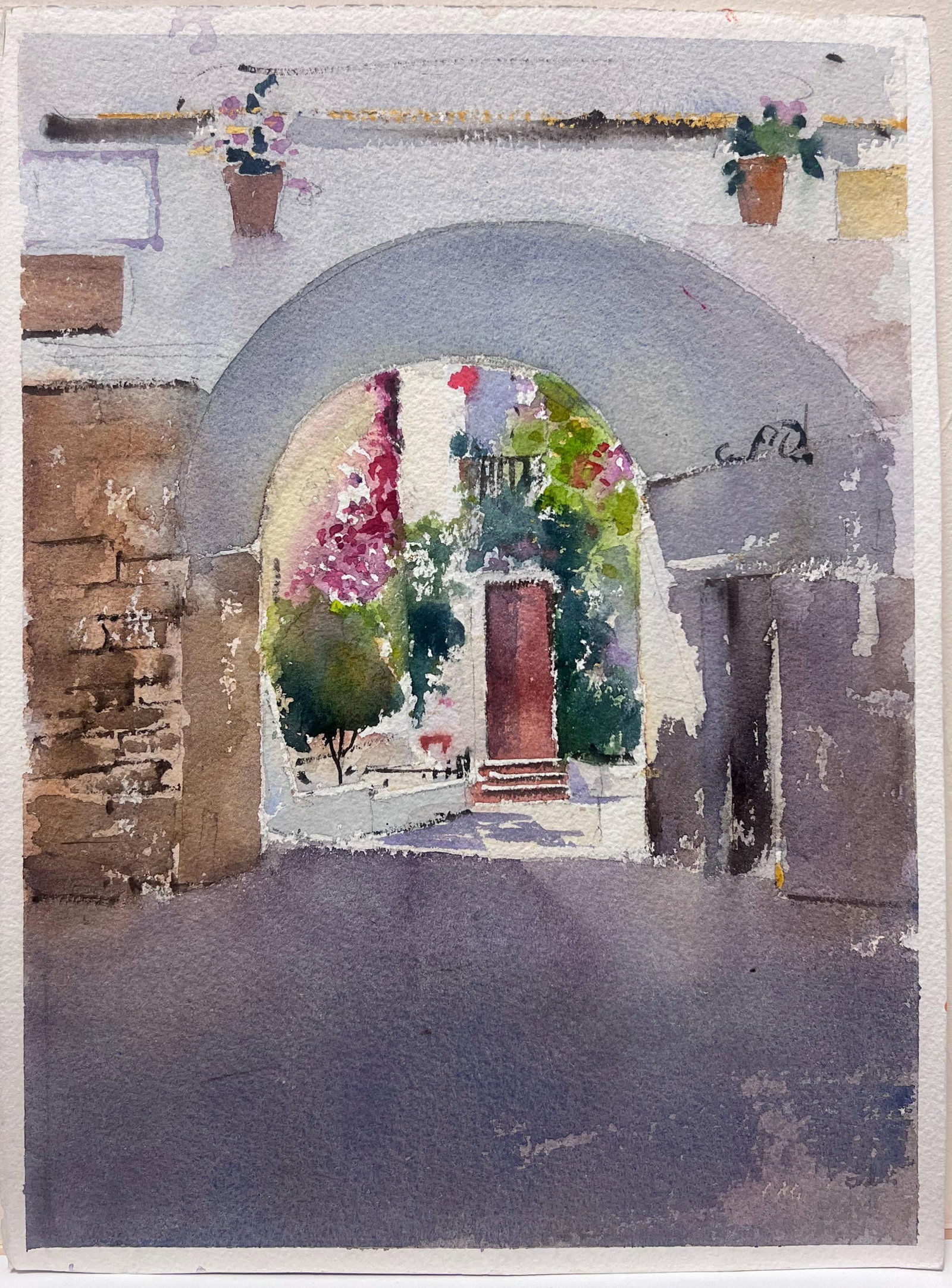British Original Impressionist Watercolor Old European Village Street Archway: The Old Village by Anthony Avery (British 1946-2023). Original watercolor on artists paper, unframed. Paper dimensions: 15 x 11 inches. Condition: very good and ready to be enjoyed. Provenance: from a
