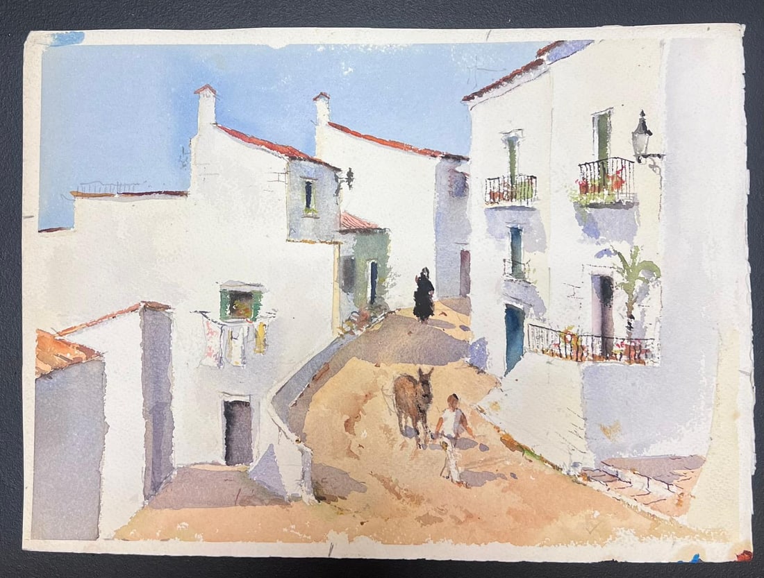 British Original Impressionist Watercolor Figure Walking Donkey Through Village: Landscape by Anthony Avery (British 1946-2023). Original watercolor on artists paper, unframed. Paper dimensions: 11 x 15 inches. Condition: very good and ready to be enjoyed. Provenance: from a large