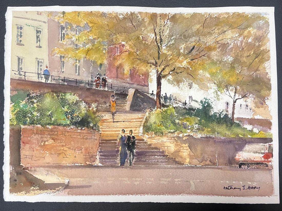 Fine British Original Impressionist Watercolor Figures Walking Down Town Steps (1 of 6)
