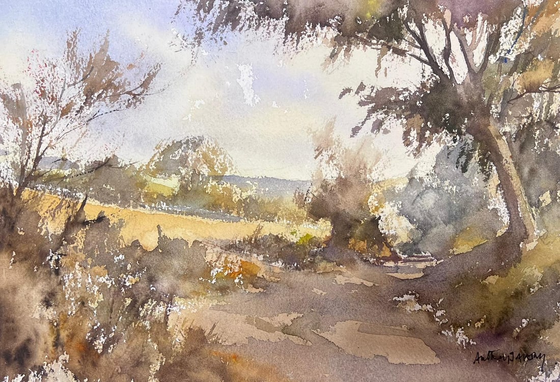 Fine British Original Impressionist Watercolor Brown Sandy Country Path: Fine British Original Impressionist Watercolor Brown Sandy Country Path by Anthony Avery (British 1946-2023). Original watercolor on artists paper, unframed. Paper dimensions: 11 x 15.5 inches. Condit